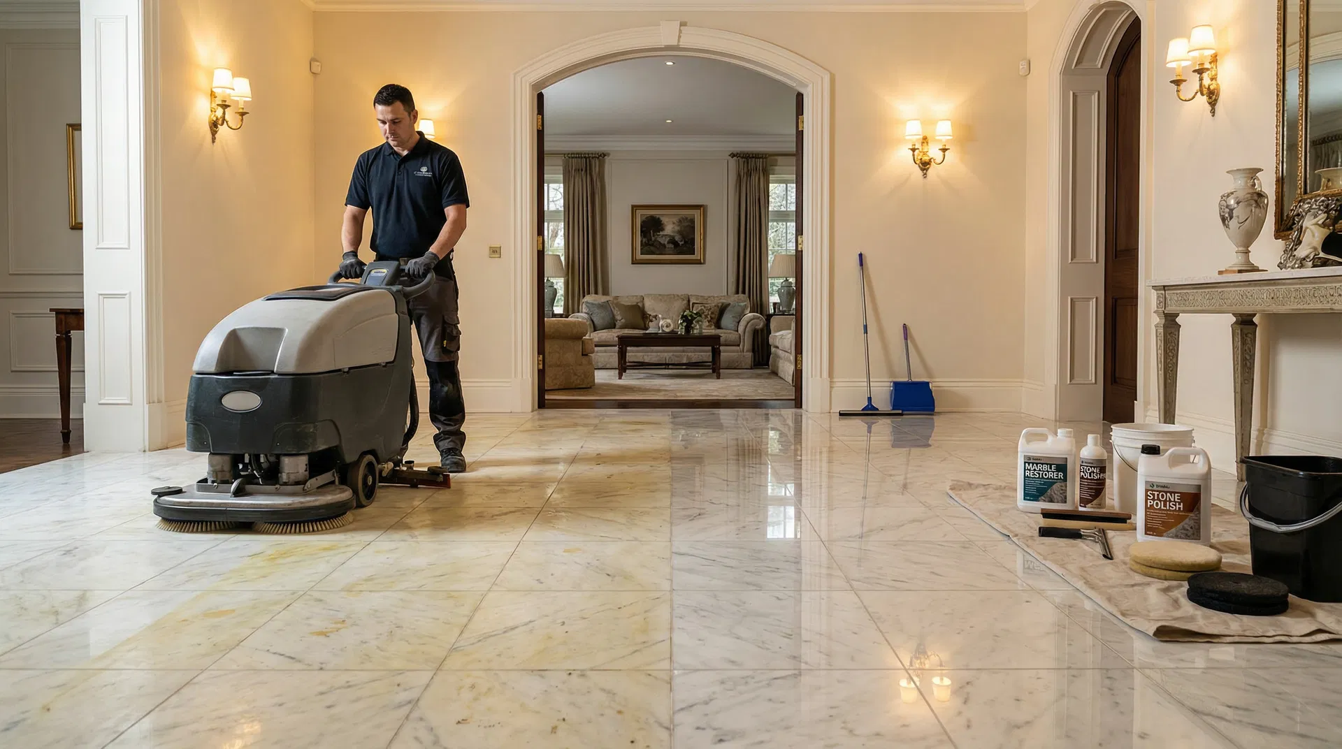 Professionelle Intensivreinigung eines Marmorbodens