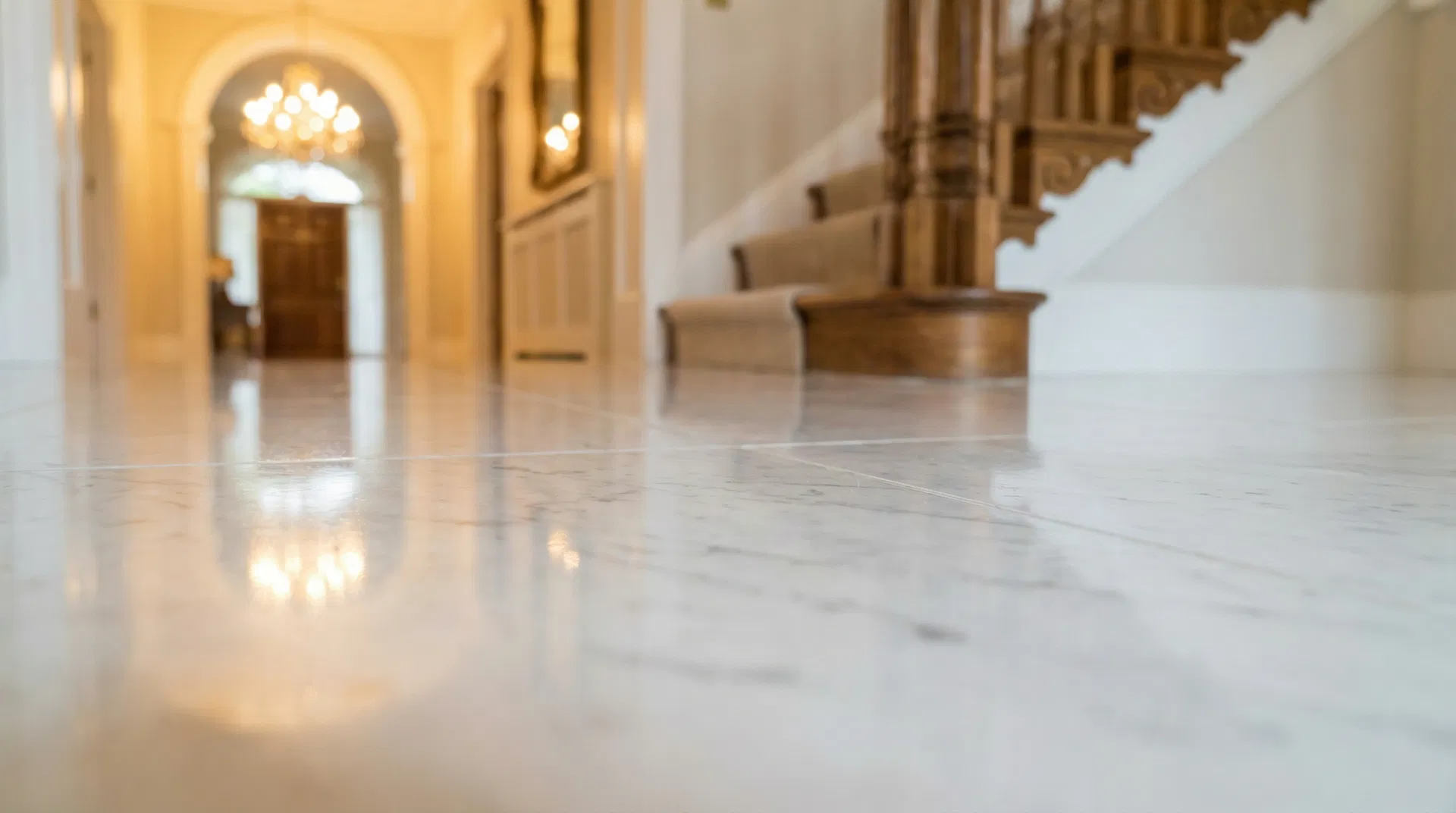 Professionell polierter Carrara-Marmorboden mit Spiegelglanz – Ergebnis einer Stein-Doktor Marmoraufarbeitung