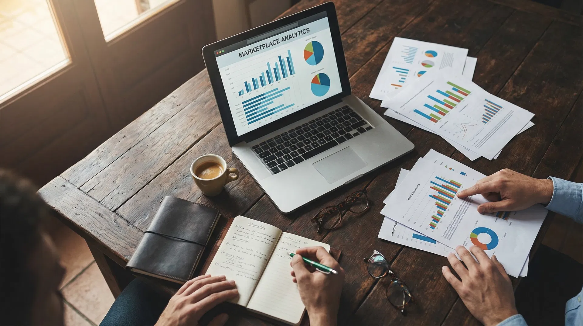 Strategic business planning session with marketplace analytics