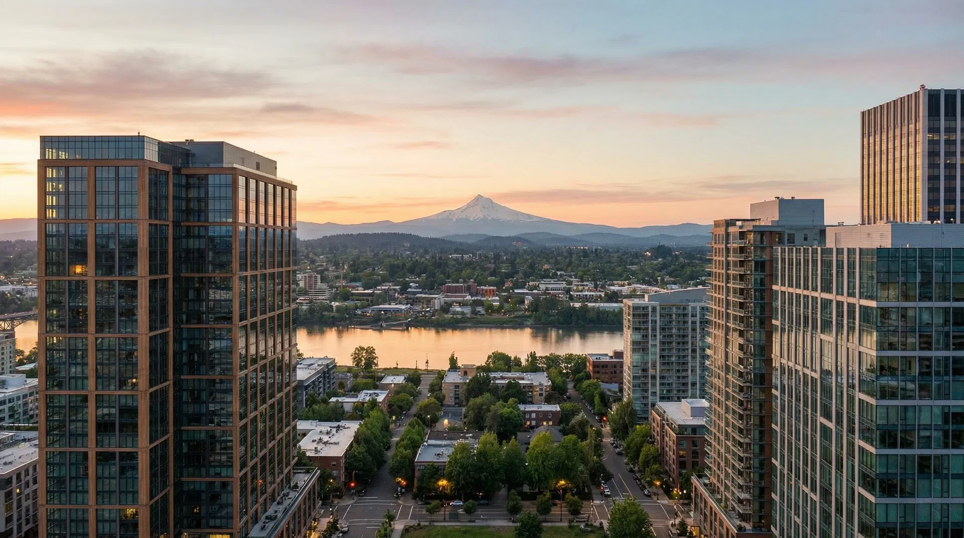 Portland Oregon skyline with Mount Hood