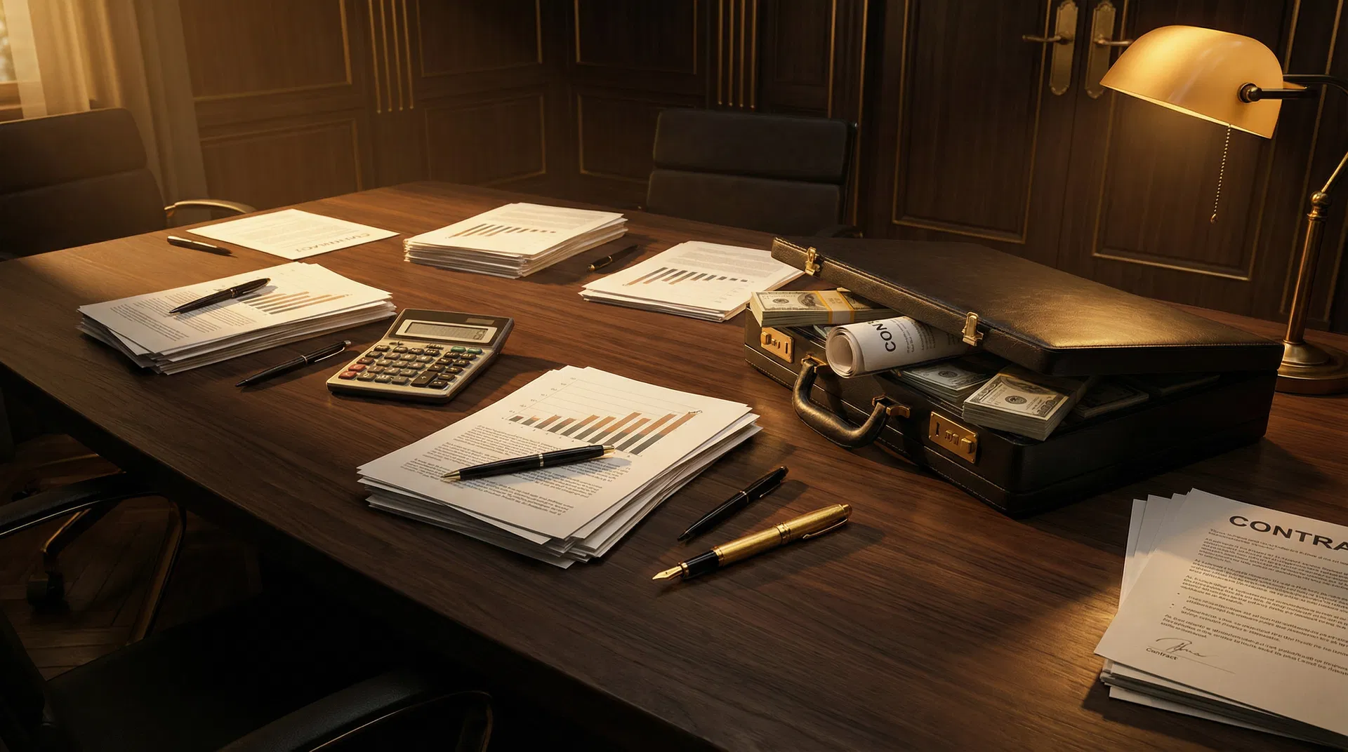 Capital and deal documents on conference table