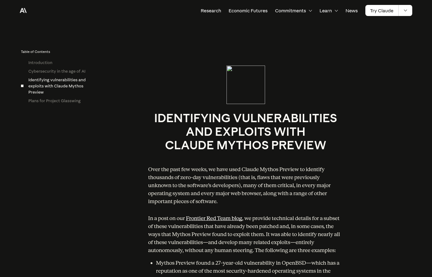 公式サイトの「IDENTIFYING VULNERABILITIES AND EXPLOITS WITH CLAUDE MYTHOS PREVIEW」セクション。Mythosが自律的にゼロデイ脆弱性を発見した事例が紹介されている。