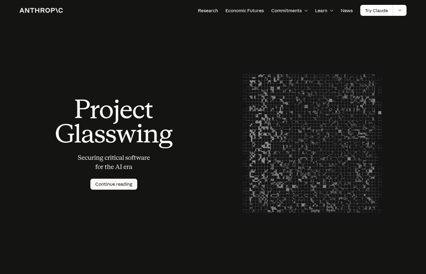 Anthropic公式サイト「Project Glasswing」のトップページ。「Securing critical software for the AI era(AI時代の重要ソフトウェアを守る)」というサブタイトルが掲げられている。