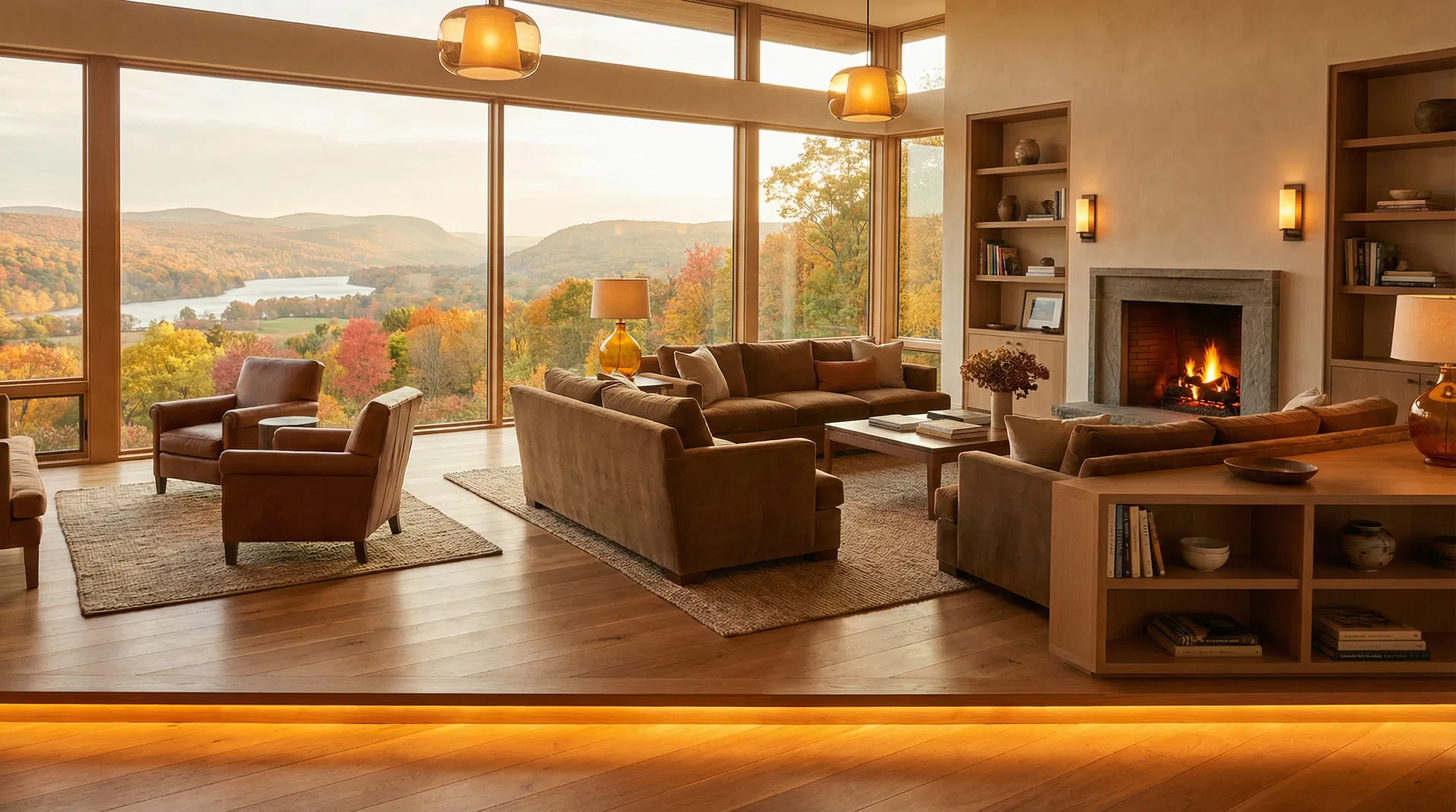 Luxury living room with radiant floor heating and Hudson Valley views