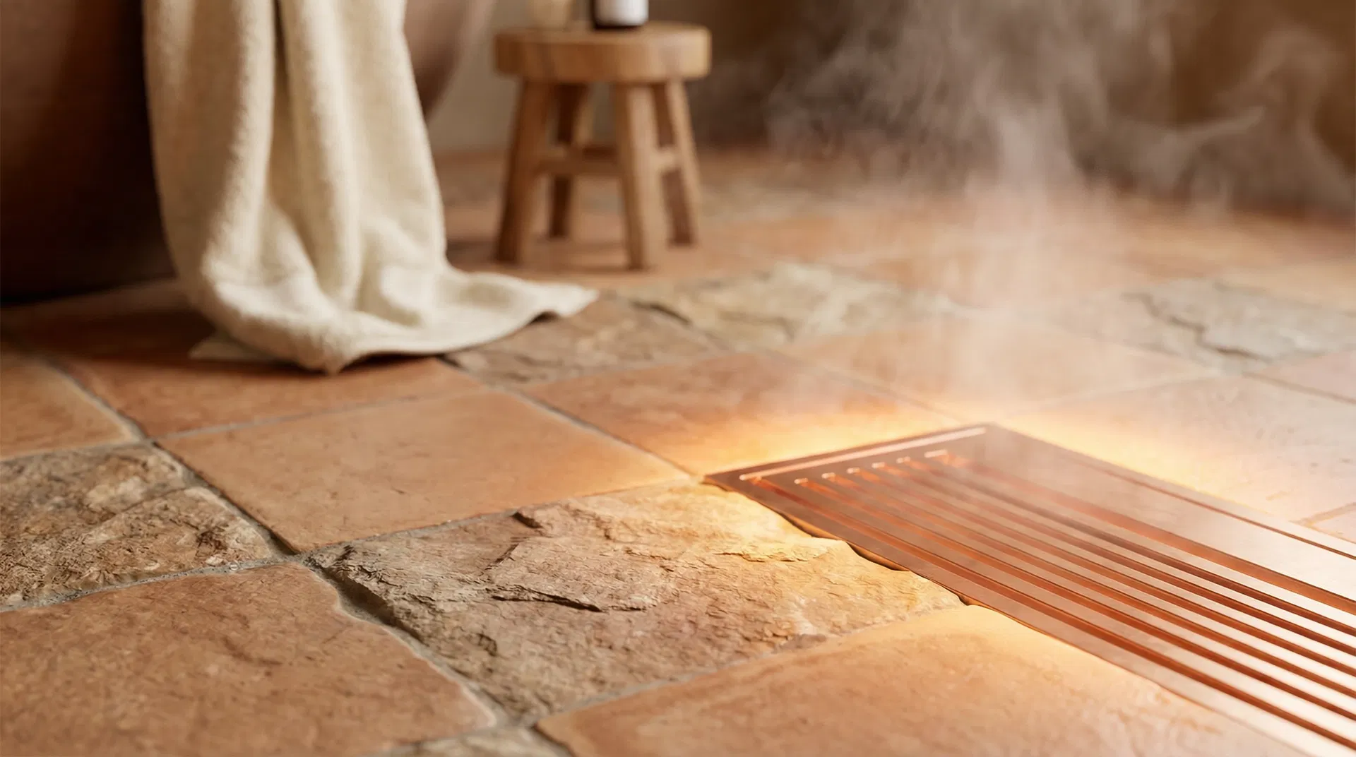 Radiant floor heating closeup with warm glow