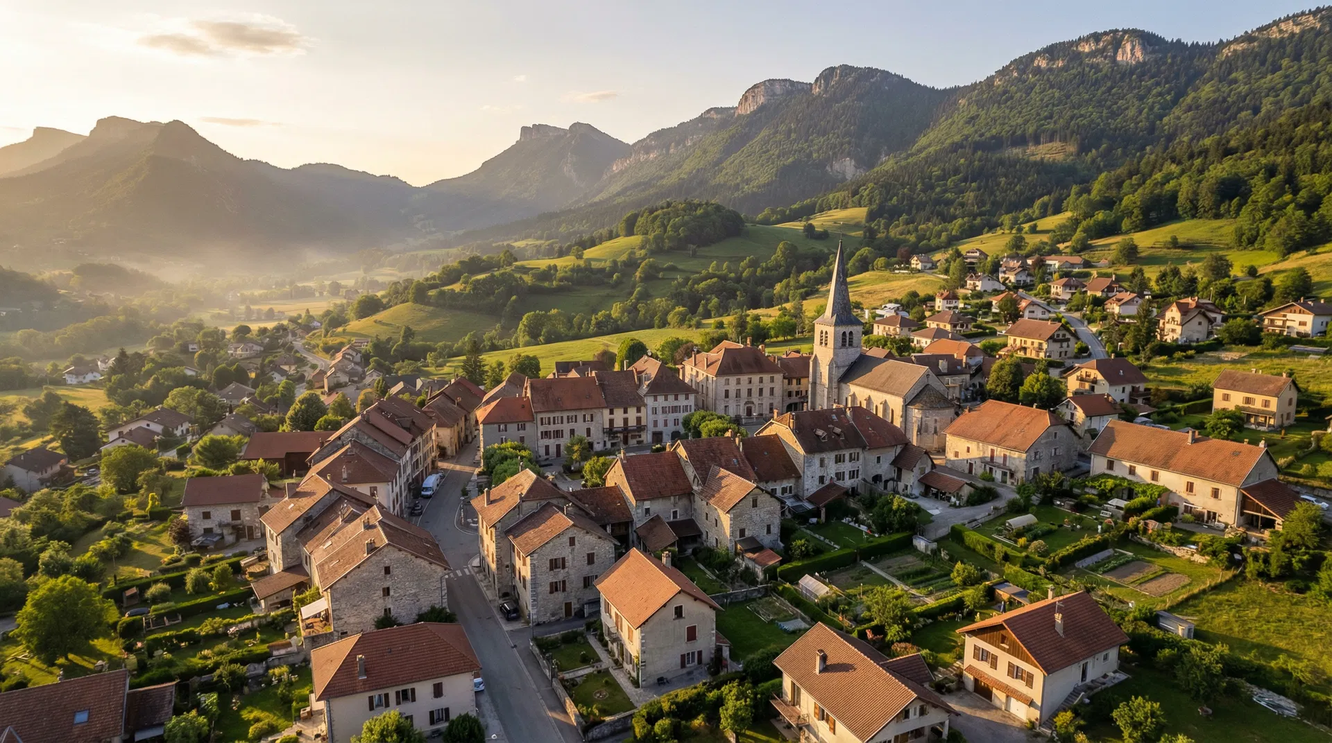 Vue aérienne d'un village alpin au pied des montagnes de la Chartreuse, représentant le marché immobilier de Voiron en 2026