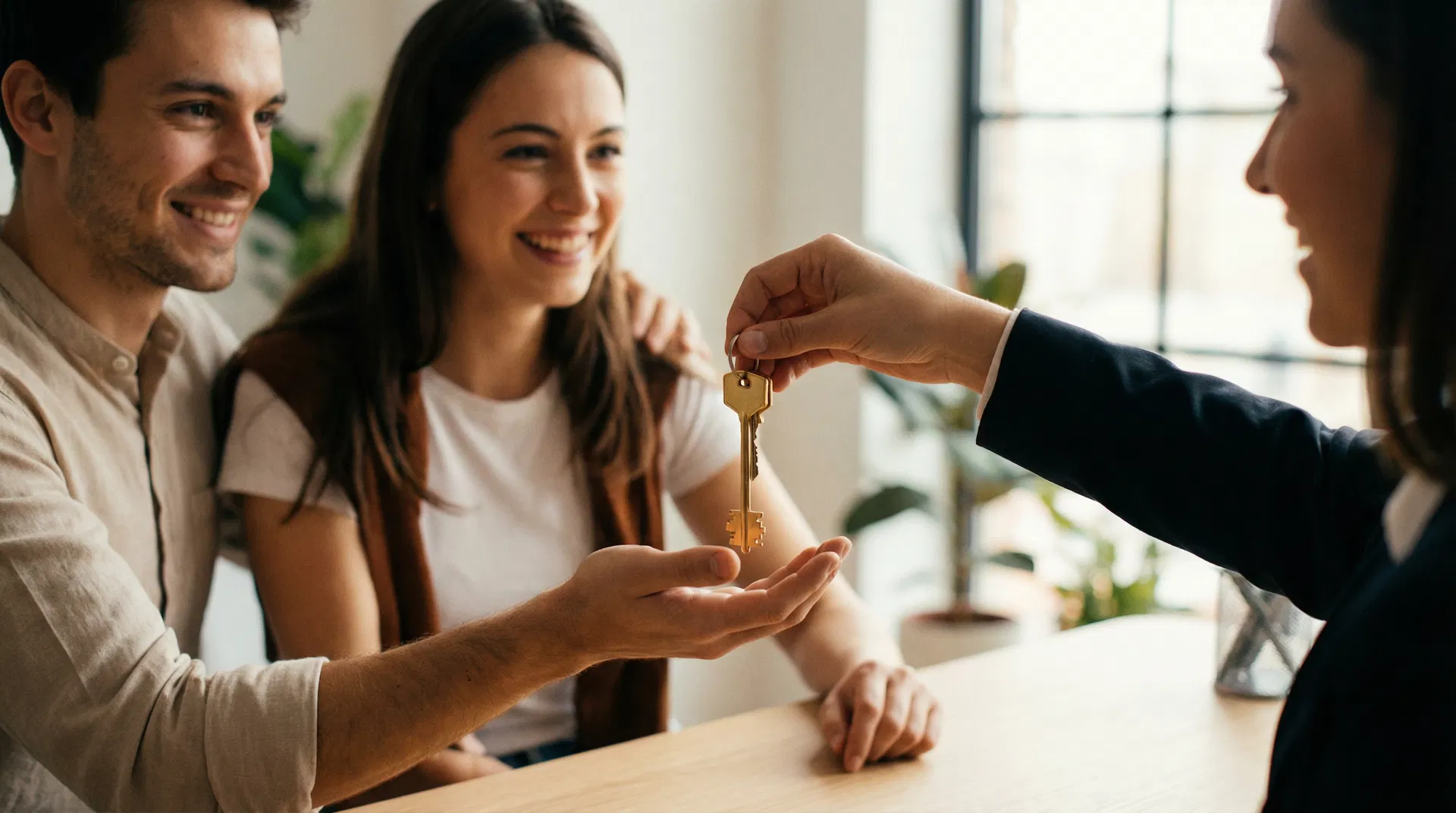 Jeune couple recevant les clés de leur nouvelle maison des mains d'un courtier, symbolisant l'accession à la propriété grâce au PTZ 2026