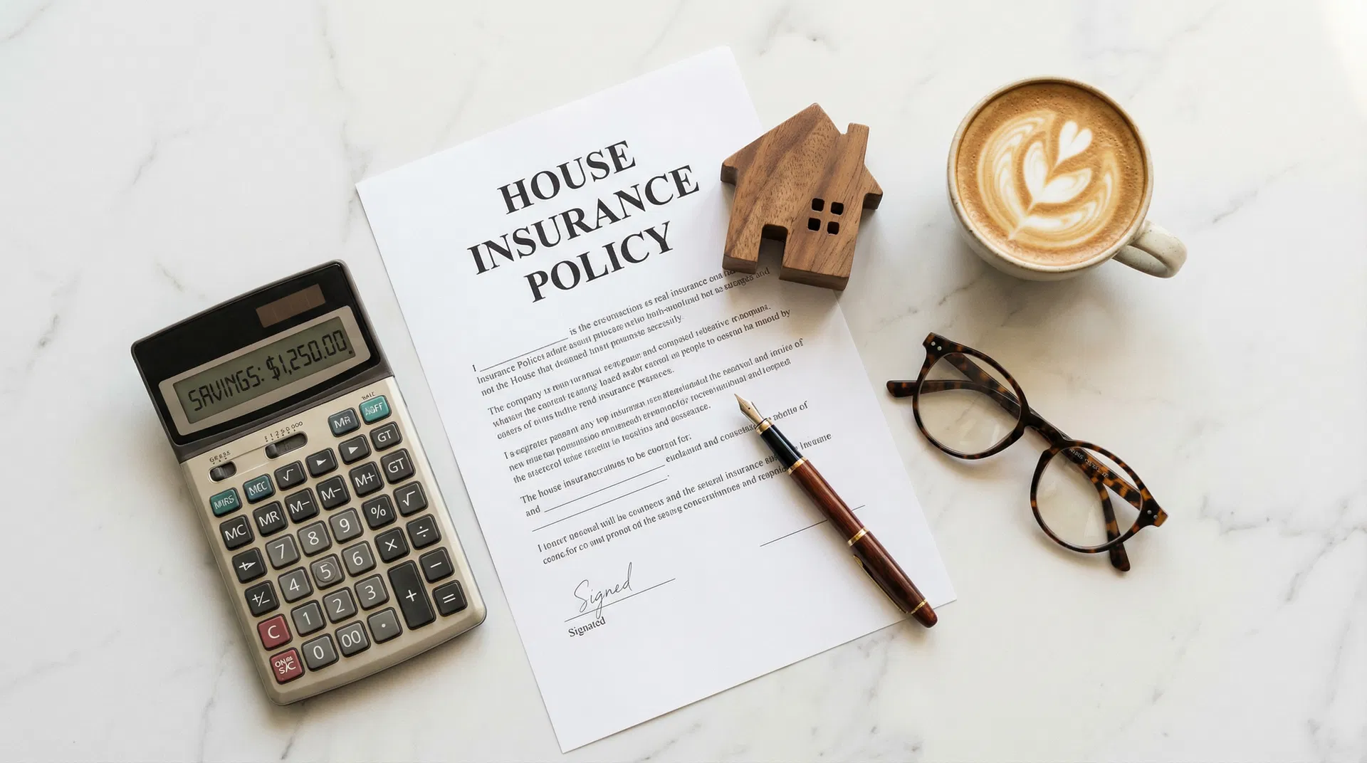 Contrat d'assurance habitation avec calculatrice, maison en bois miniature et café sur un bureau en marbre, illustrant les économies sur l'assurance de prêt