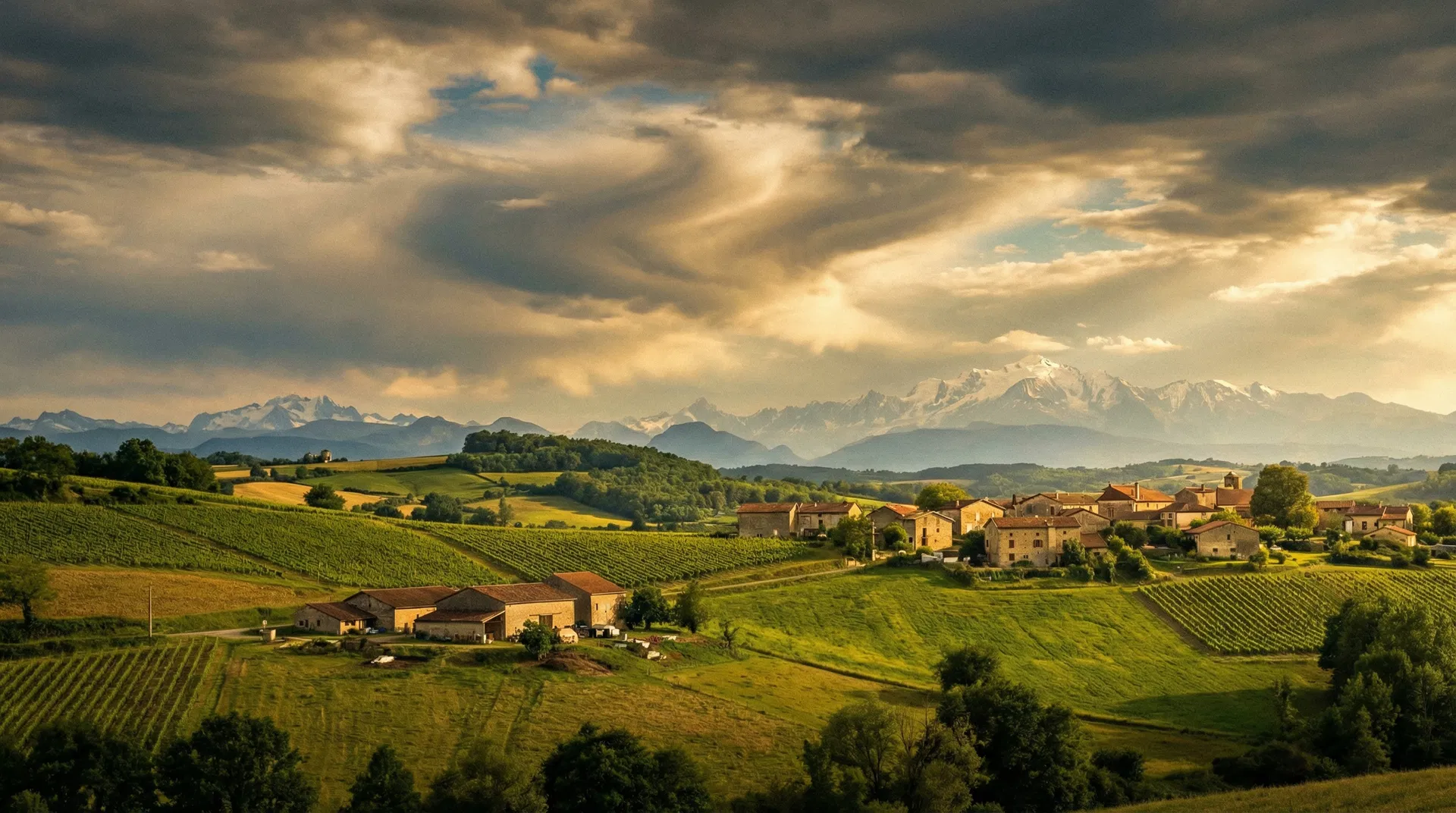 Paysage de campagne française avec collines verdoyantes, vignobles et village en pierre avec les Alpes en arrière-plan, illustrant le potentiel d'investissement du Pays Voironnais