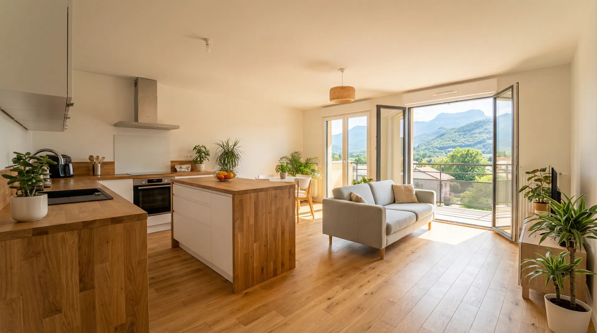 Intérieur appartement neuf quartier Paviot Voiron — salon lumineux vue montagnes Chartreuse 38500