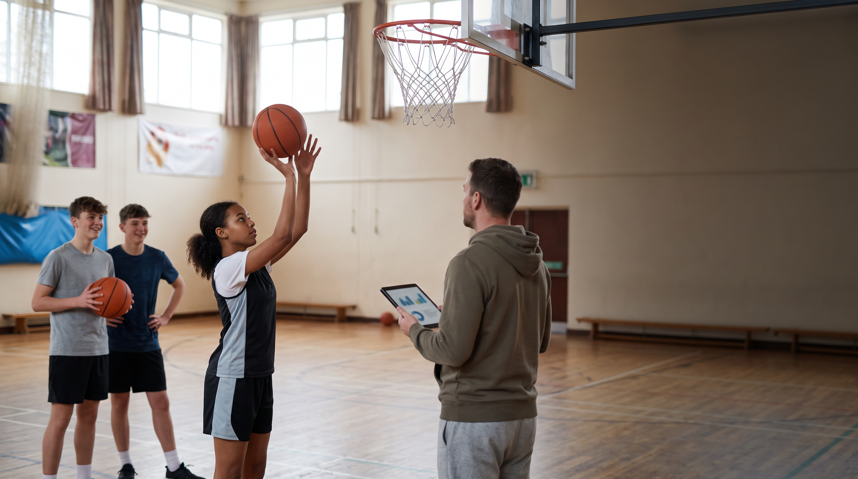 A young basketball player shooting in practice while a coach observes with a tablet.