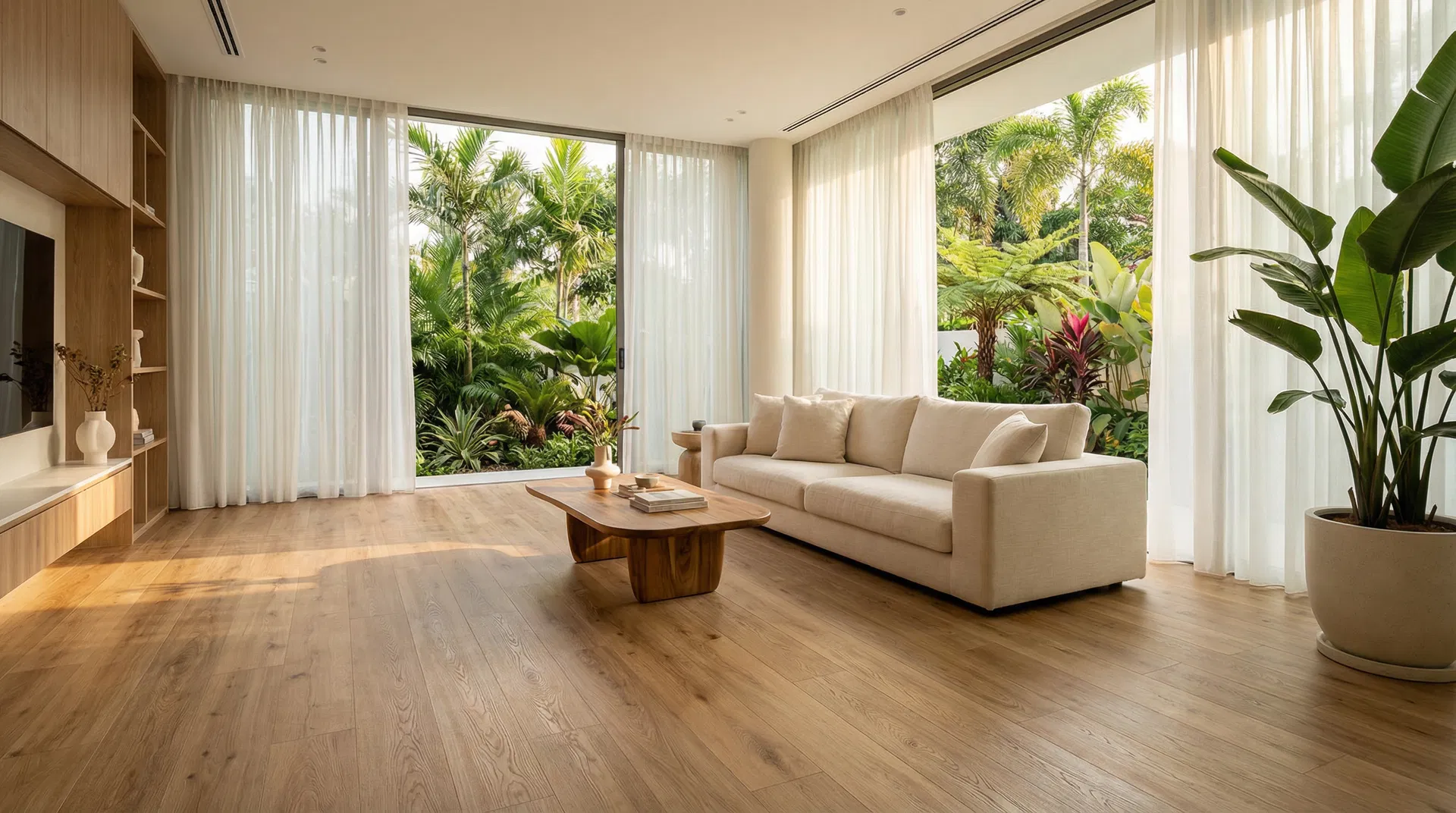 Modern living room with premium SPC flooring and tropical garden view