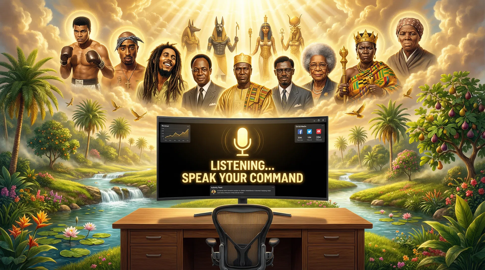 The Promised Land - Ancestors in heaven (Muhammad Ali, Tupac, Bob Marley, Kwame Nkrumah, SΓ©kou TourΓ©, Patrice Lumumba, Harriet Tubman, Dr. Frances Cress Welsing, Queen Mother Yaa Asantewaa, Kemetic deities) watching over lush paradise with flowing rivers, waterfalls, palm trees, fruit trees, and vibrant vegetation. Large ultrawide monitor displaying conversational AI command center interface with prominent 'LISTENING... SPEAK YOUR COMMAND' text and glowing microphone icon. Empty seat facing viewer - invitation to take your place in abundance.