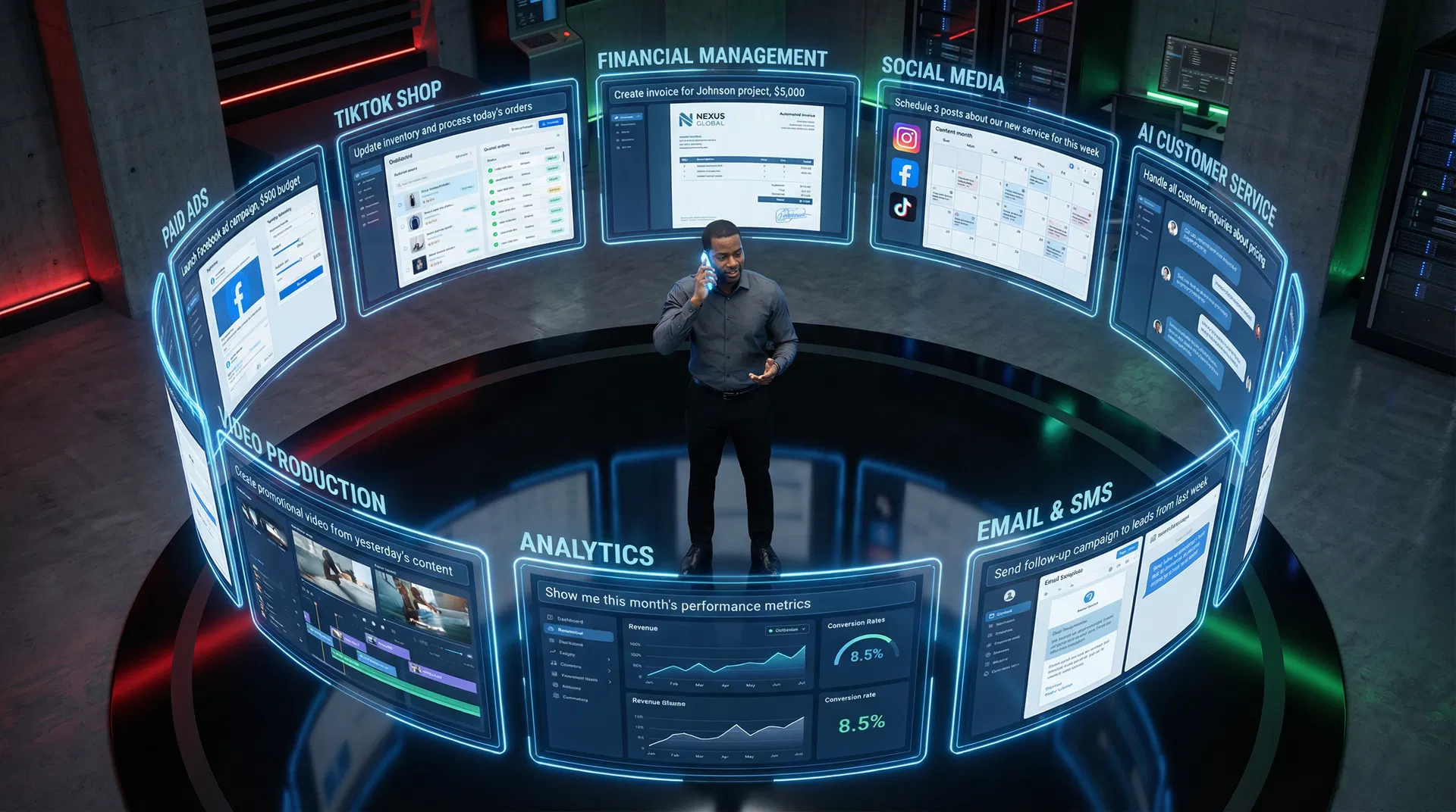 360-Degree Command Center - Black business owner speaking to phone with 8 holographic monitors showing Financial Management, Social Media, AI Customer Service, Email & SMS, TikTok Growth, Paid Ads, Video Production, and Analytics