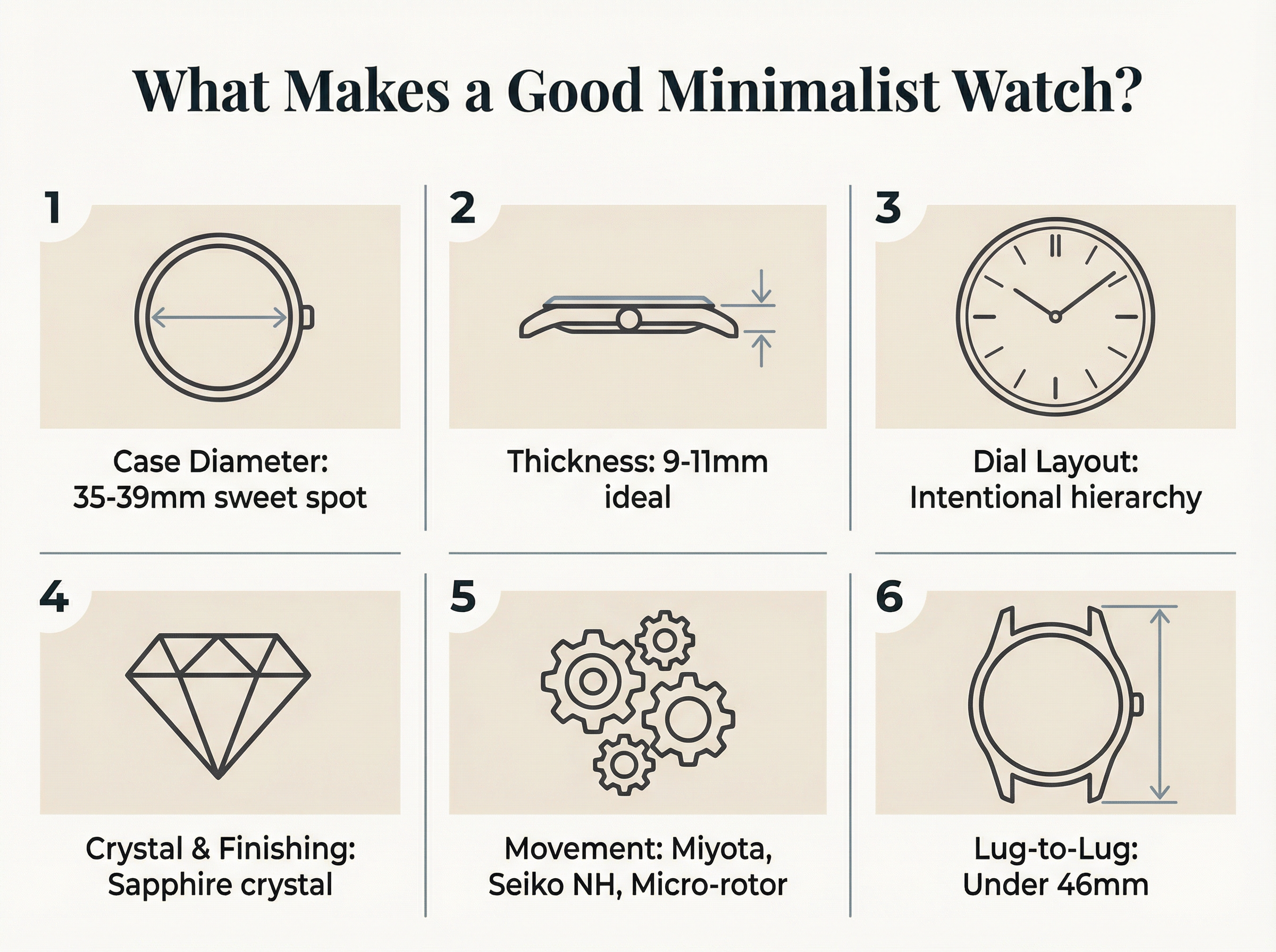 Infographic showing key buying factors for minimalist watches including case diameter thickness and movement