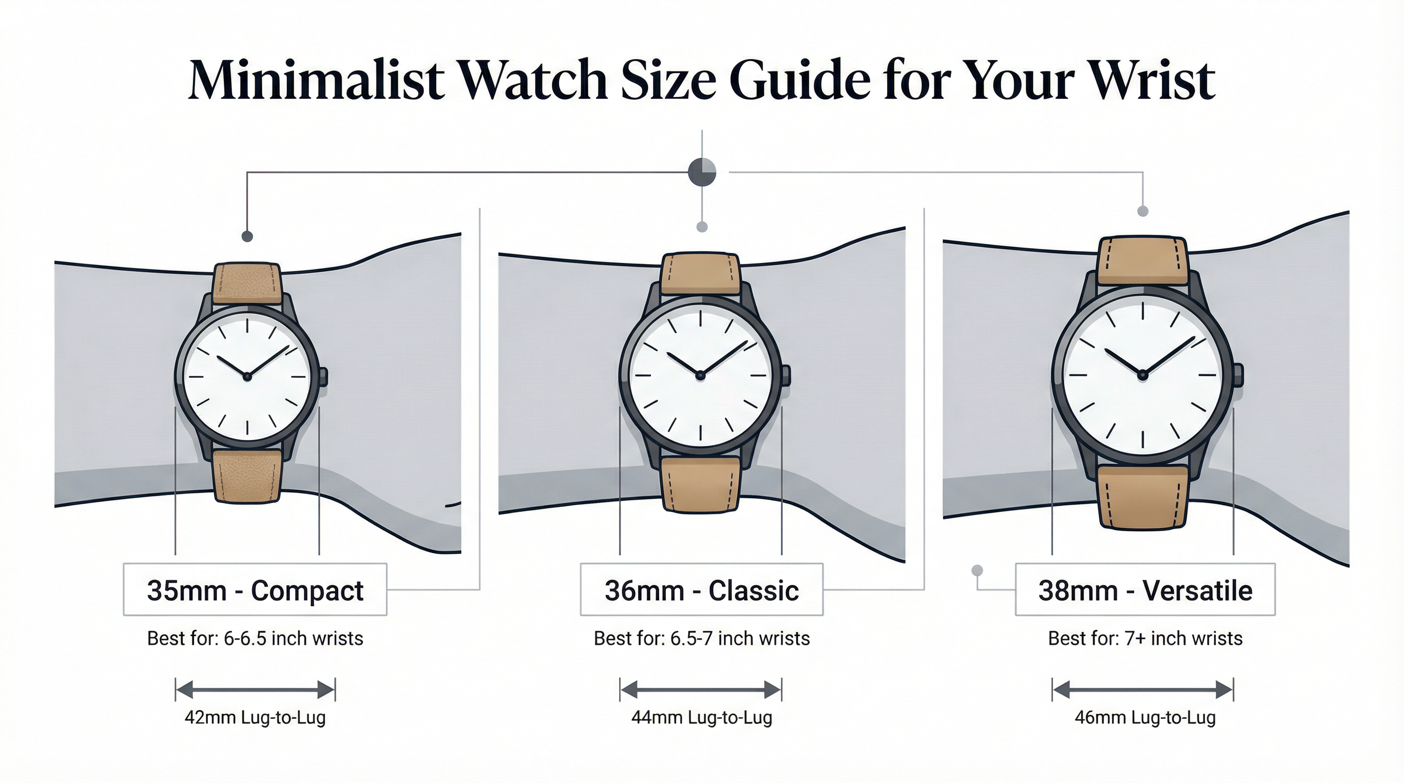 Watch size guide for small wrists showing 35mm 36mm and 38mm minimalist watches