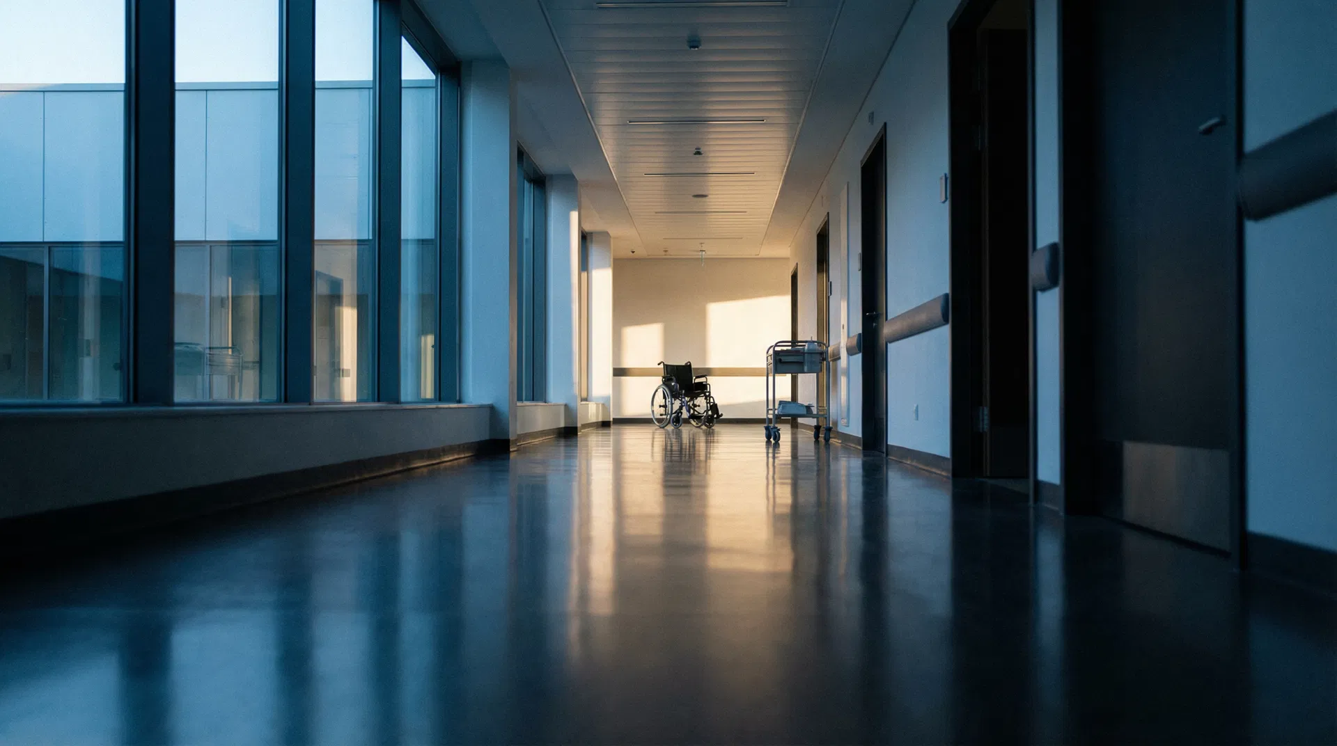Empty hospital corridor at dawn