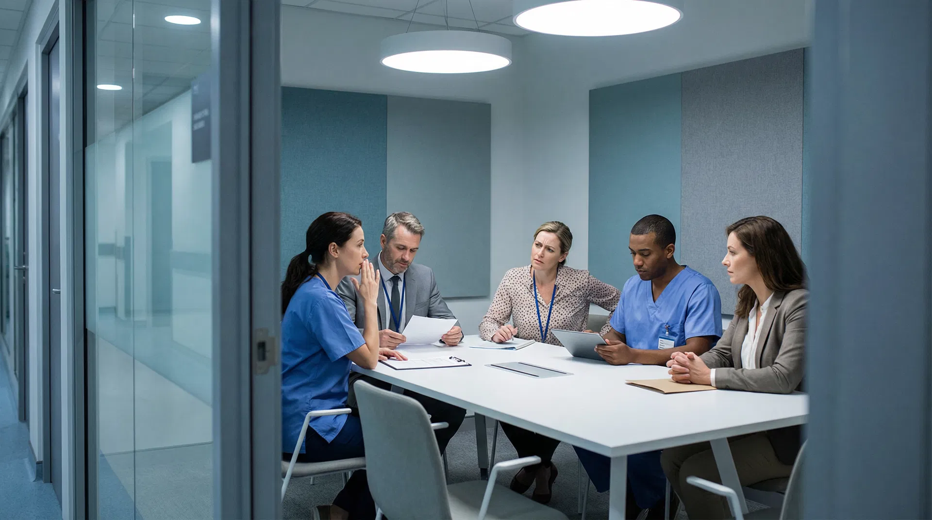 Healthcare team in a tense meeting