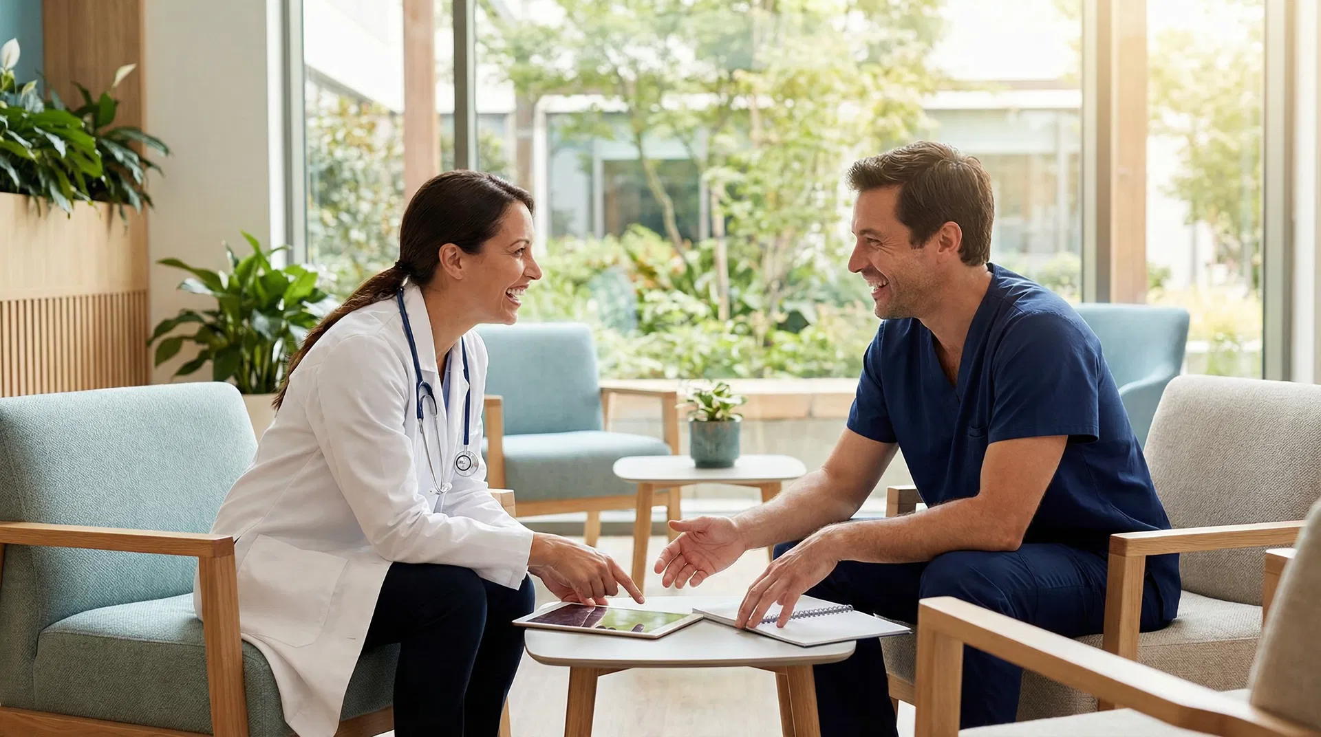 Two healthcare professionals having an engaged, honest conversation