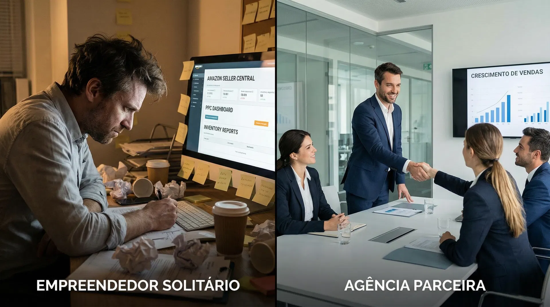 Comparação visual entre empreendedor sozinho e equipa de agência Amazon