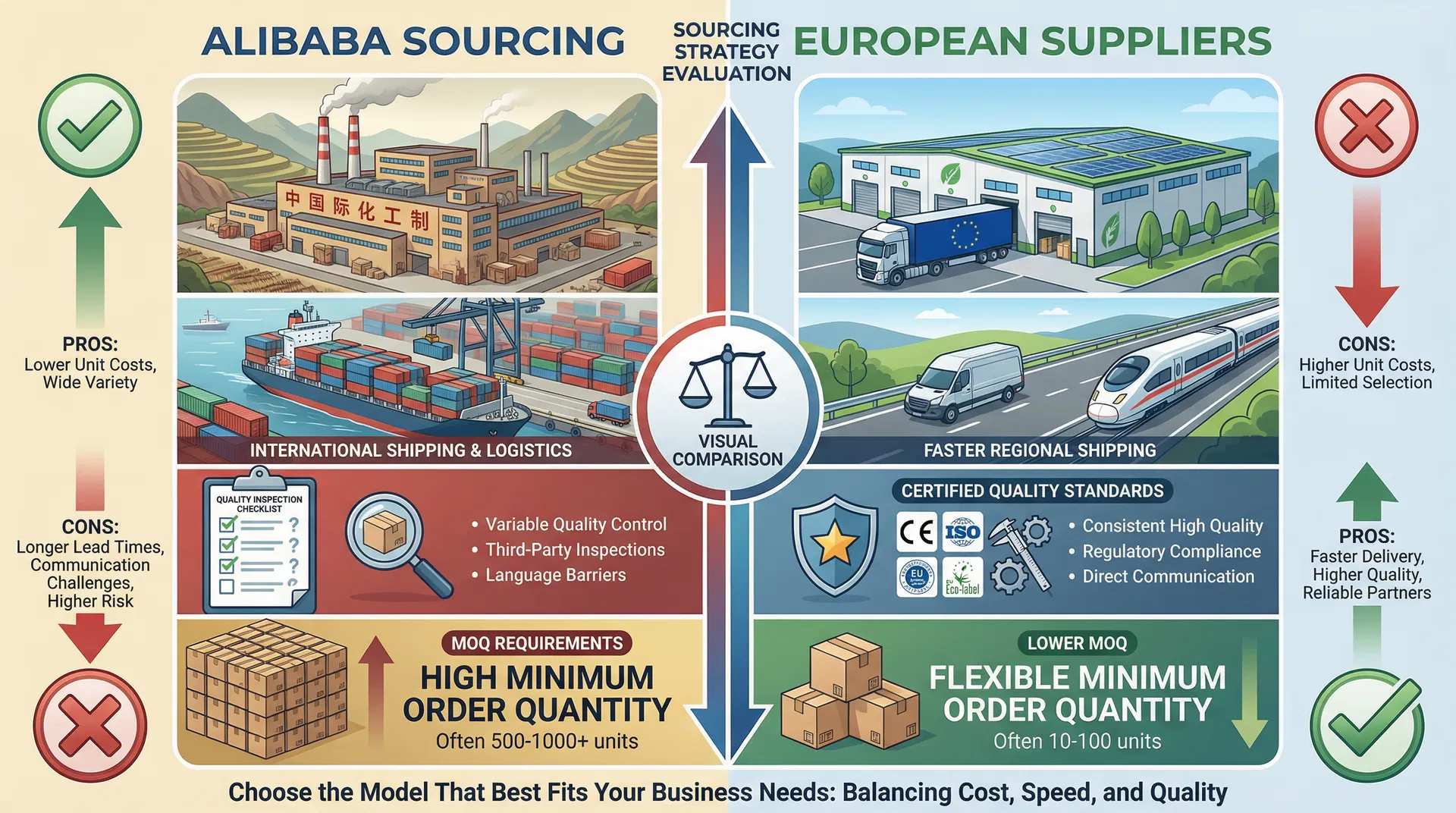 Comparação entre sourcing Alibaba e fornecedores europeus