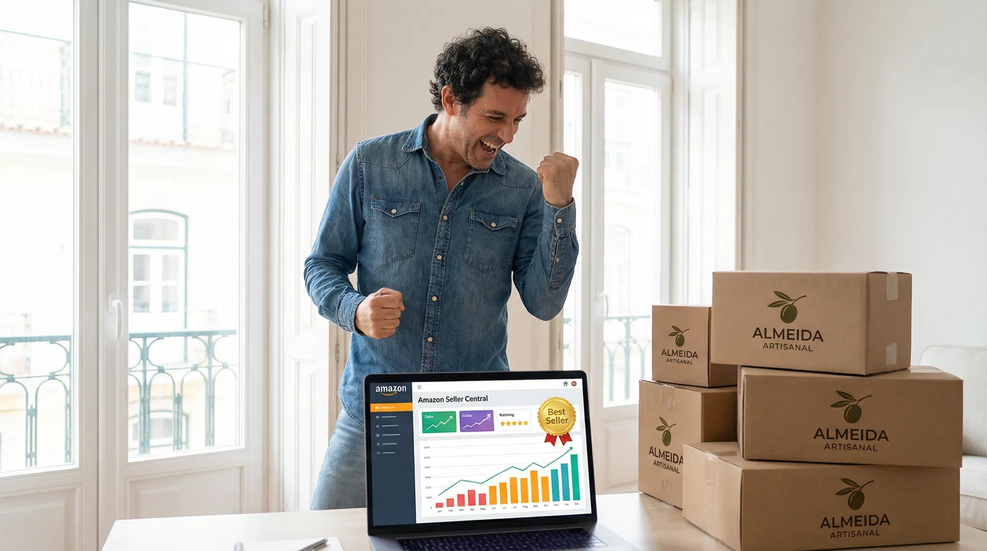 Empreendedor português celebrando sucesso com marca própria Amazon