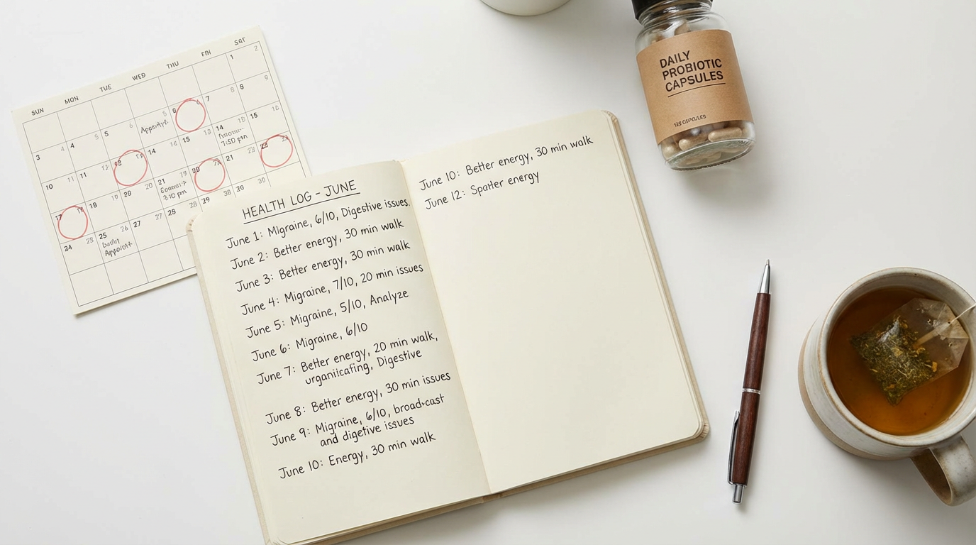 A flat lay image of a health journal, calendar, and probiotics, illustrating a methodical approach to tracking IBS symptoms.