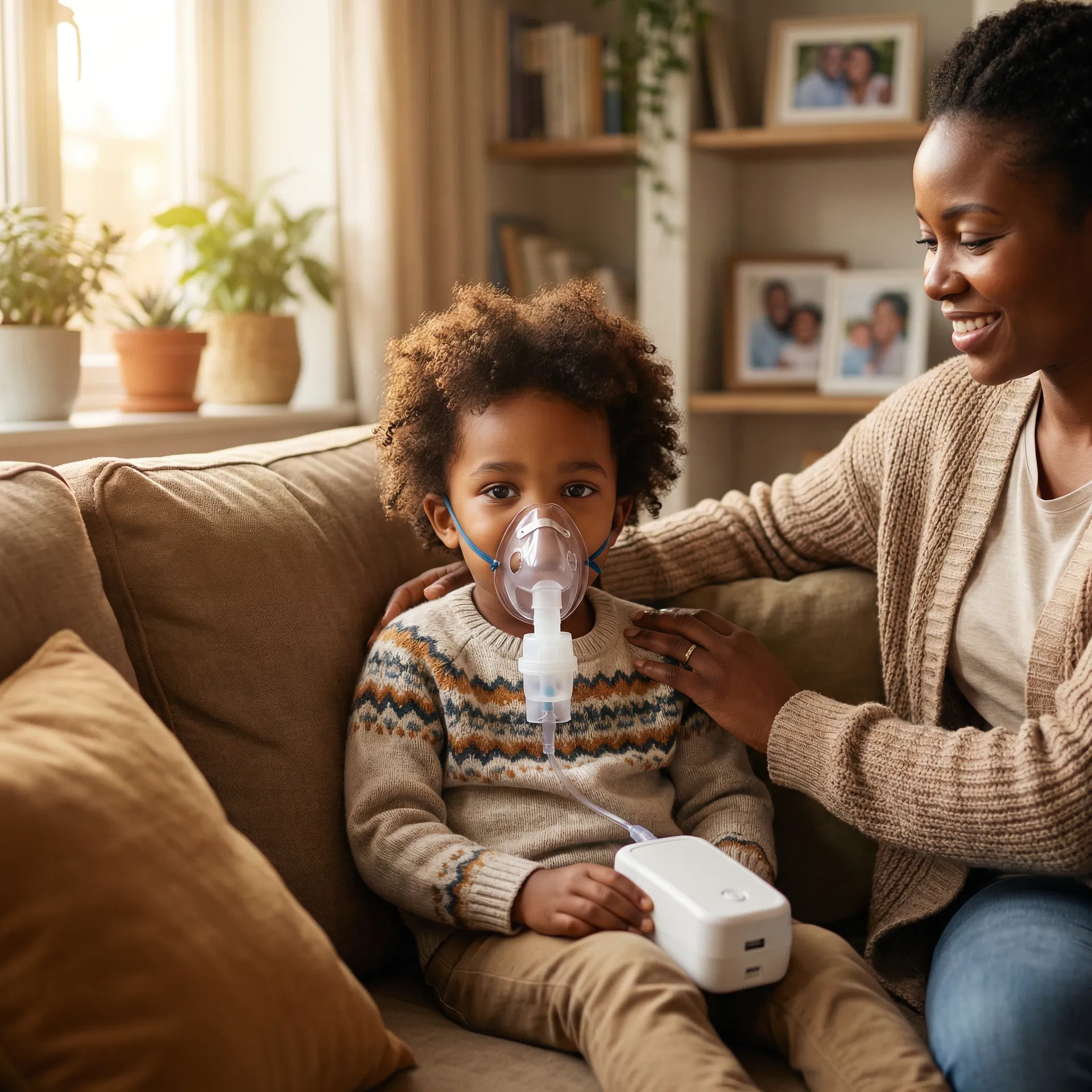 Child using portable nebulizer at home with mother
