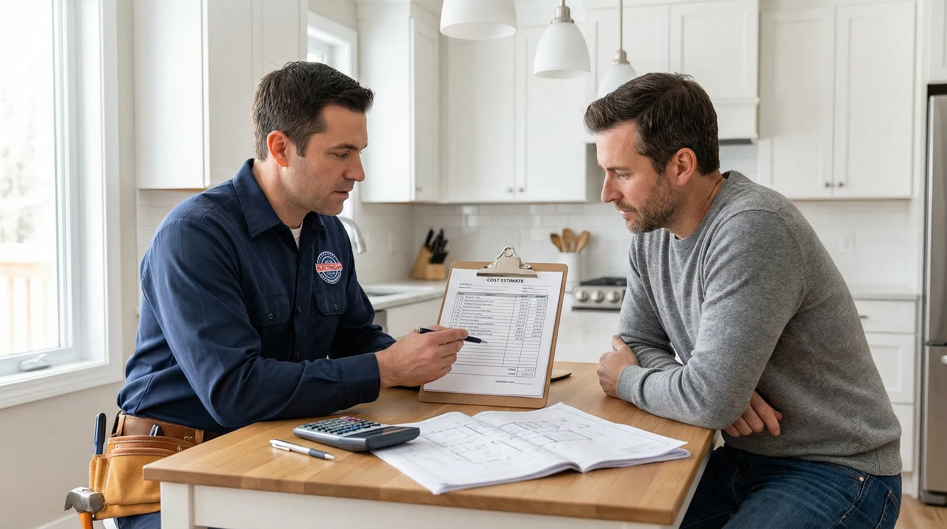 Professional electrician providing detailed cost estimate to homeowner