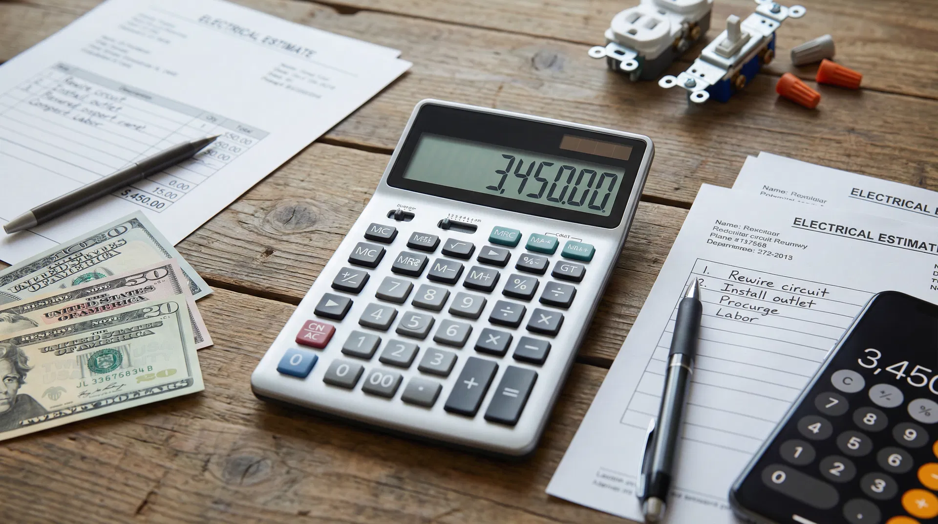 Calculator with electrical estimates and dollar bills showing cost planning