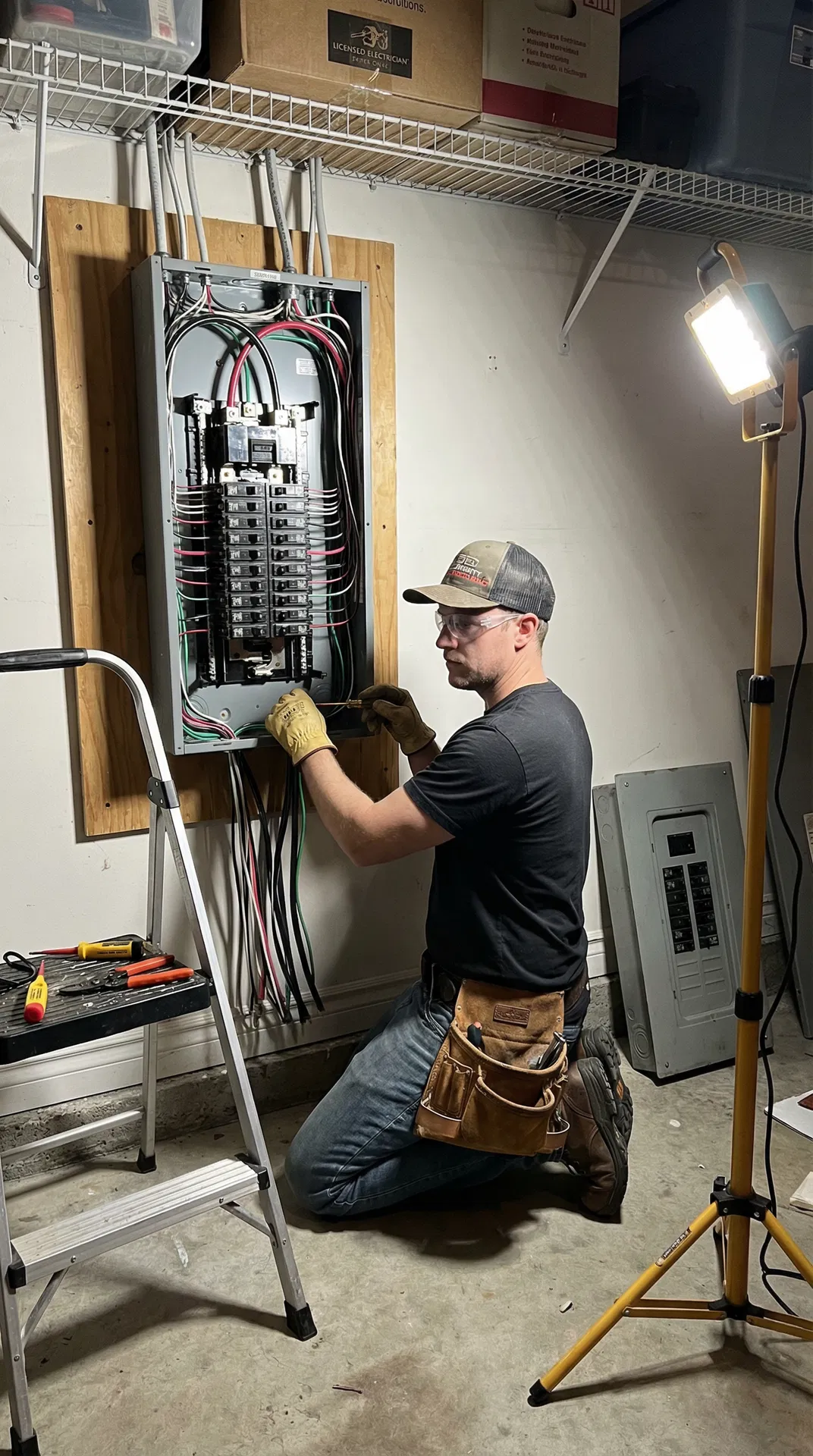 Licensed electrician installing new 200-amp electrical panel upgrade