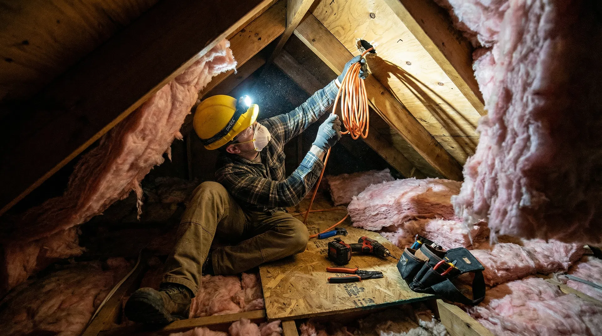 Electrician working in cramped attic space showing difficult access conditions
