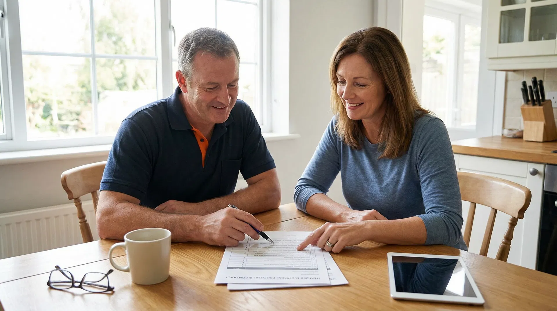 Homeowner and electrician reviewing contract