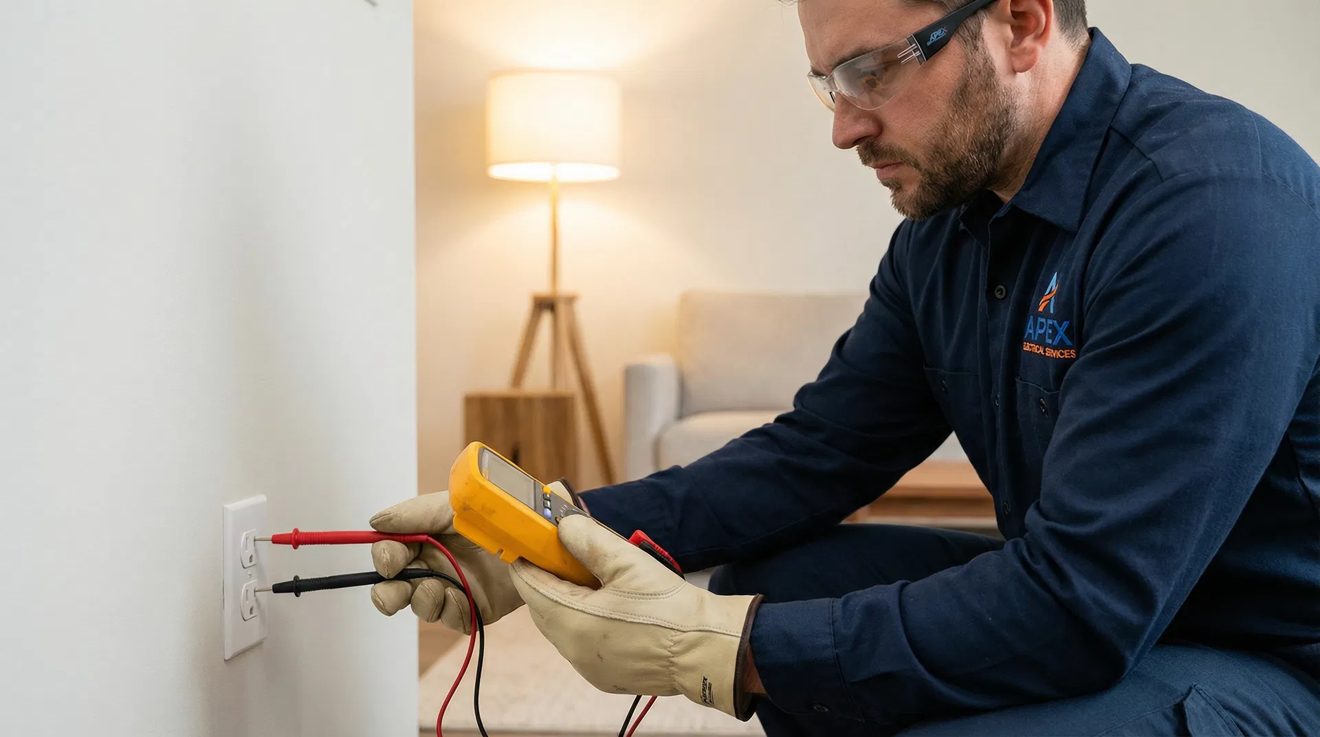 Professional electrician testing a non-working electrical outlet with a digital multimeter