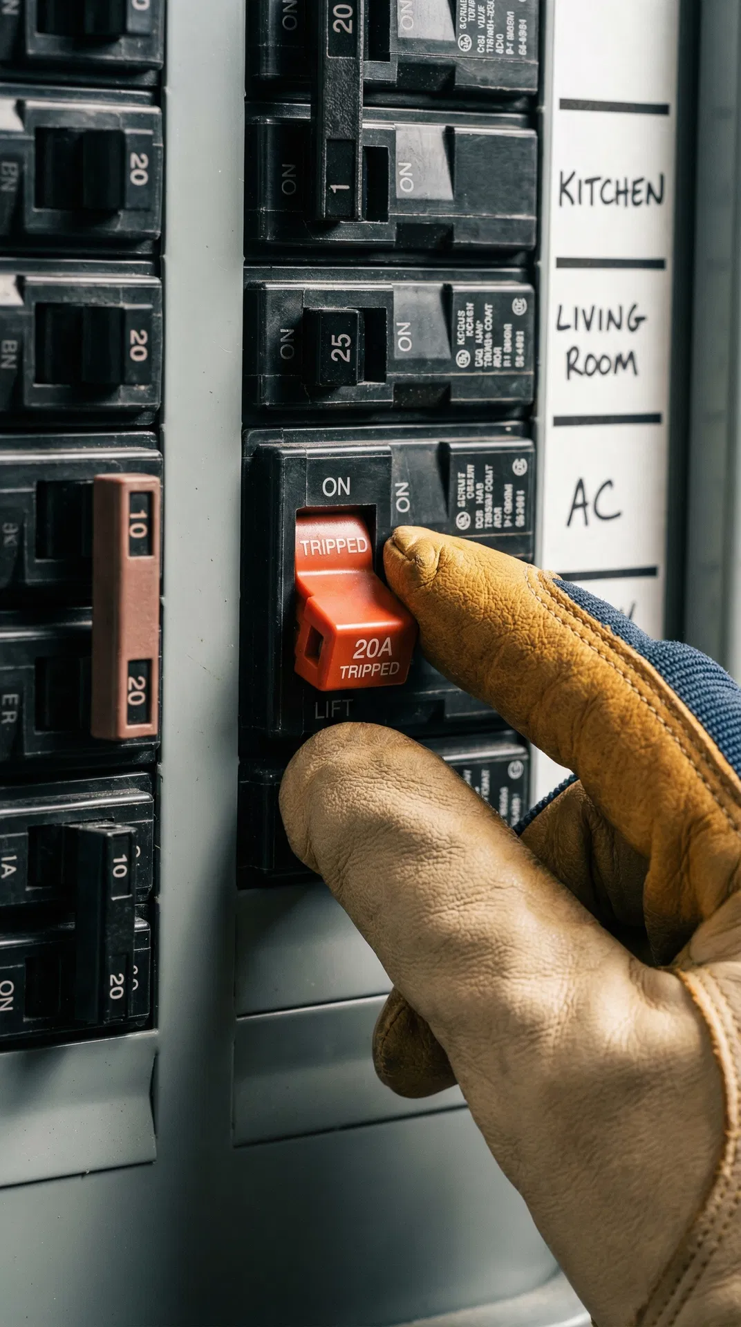 Hand resetting a tripped circuit breaker in an electrical panel