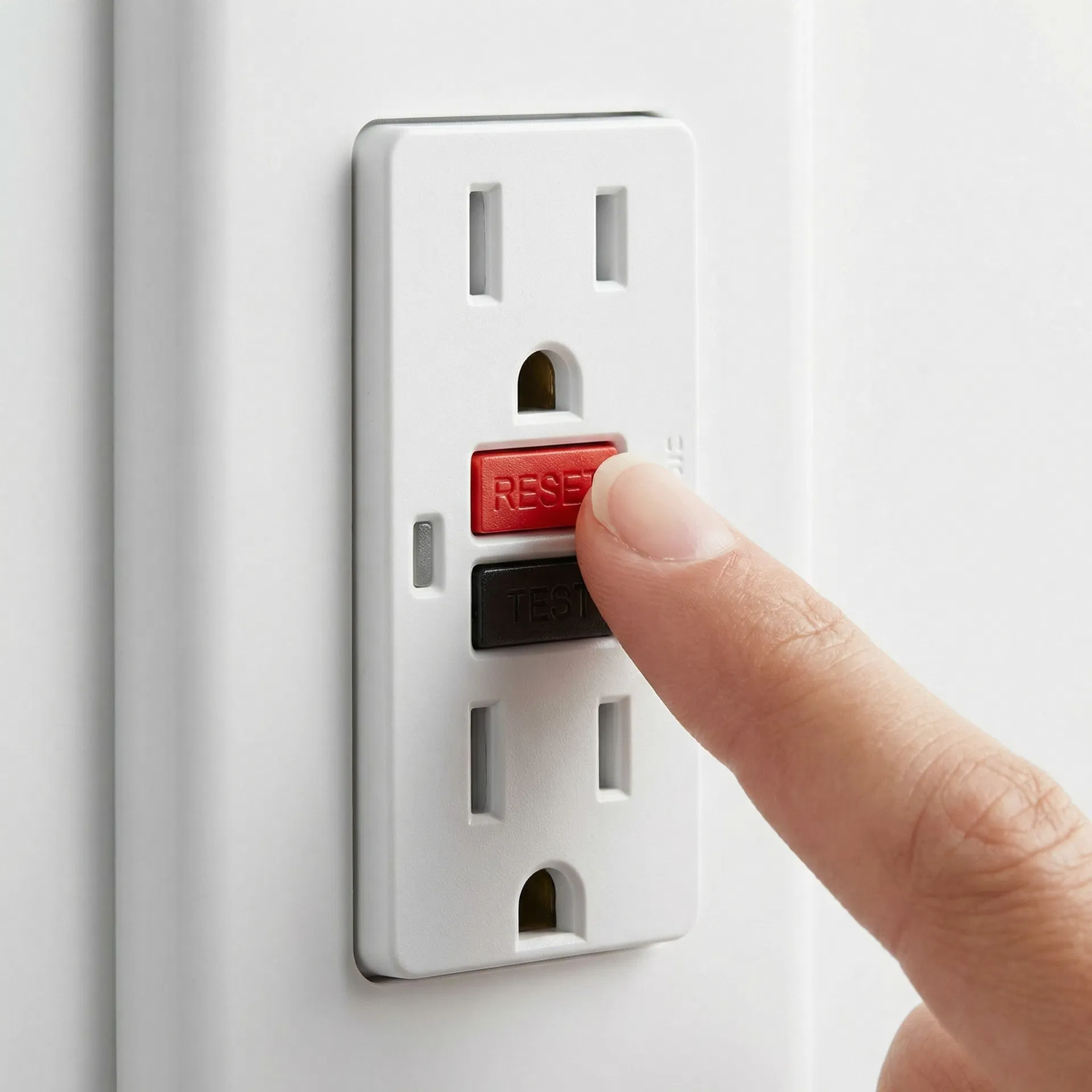 Close-up of GFCI outlet with finger pressing the red reset button