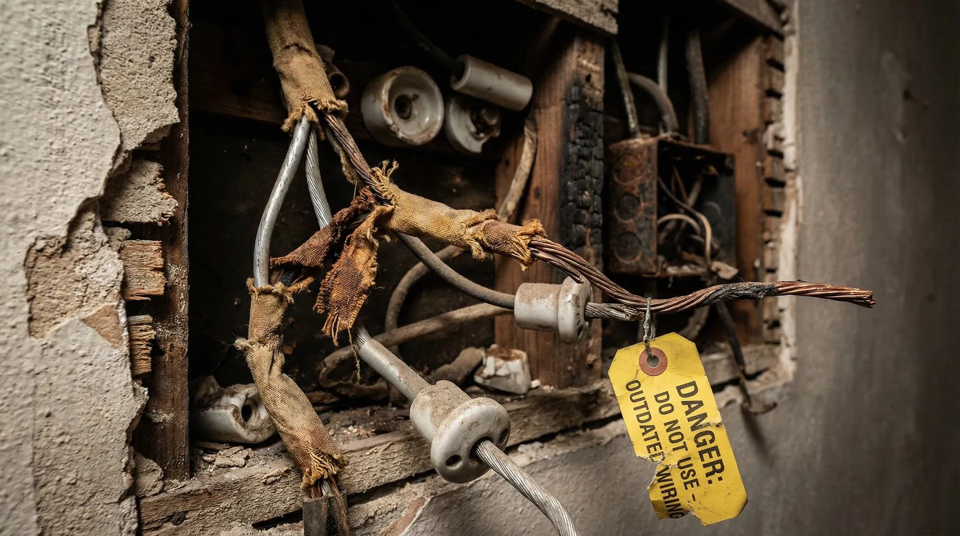 Old damaged electrical wiring exposed in wall showing deteriorated insulation and safety hazards
