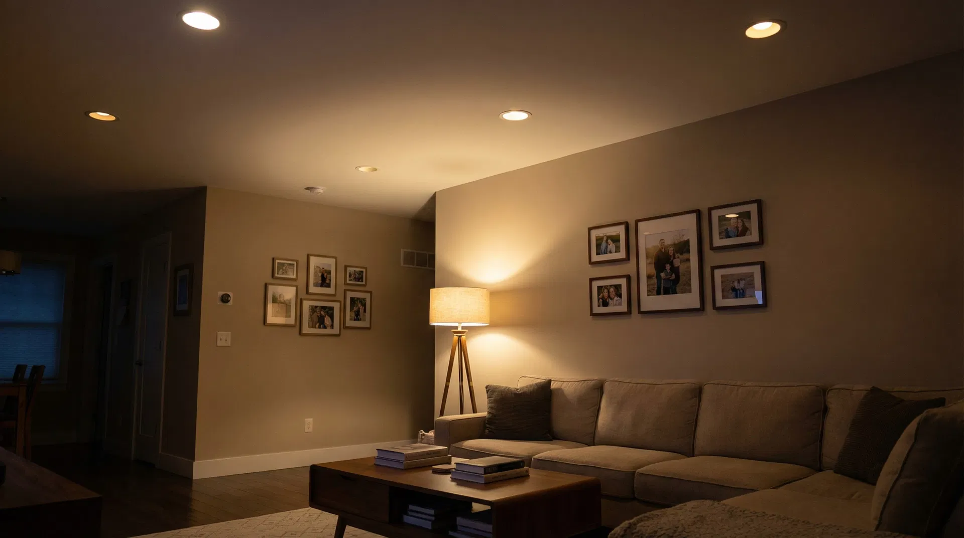 Living room with flickering ceiling lights showing electrical instability