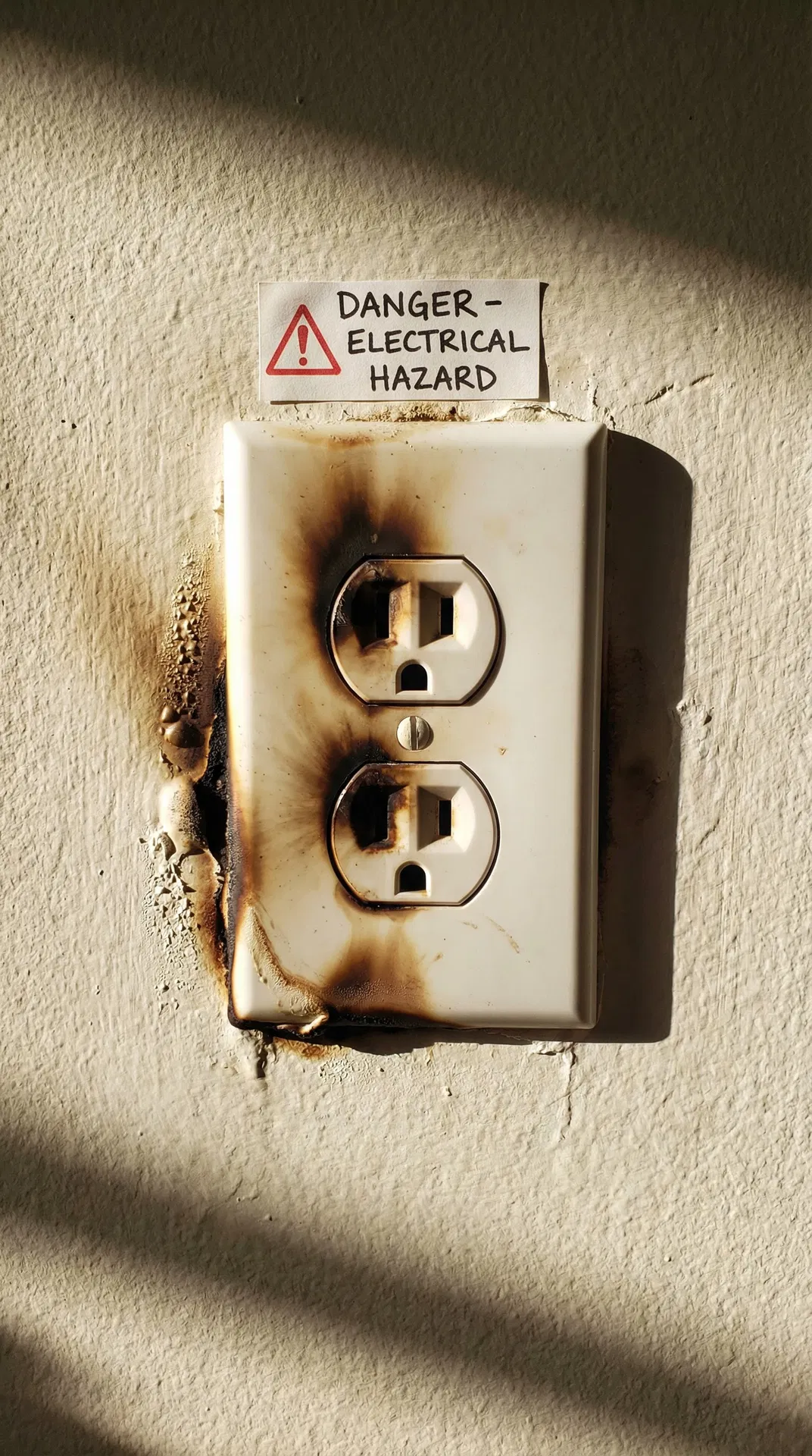 Electrical outlet with severe scorch marks and burn damage indicating fire hazard