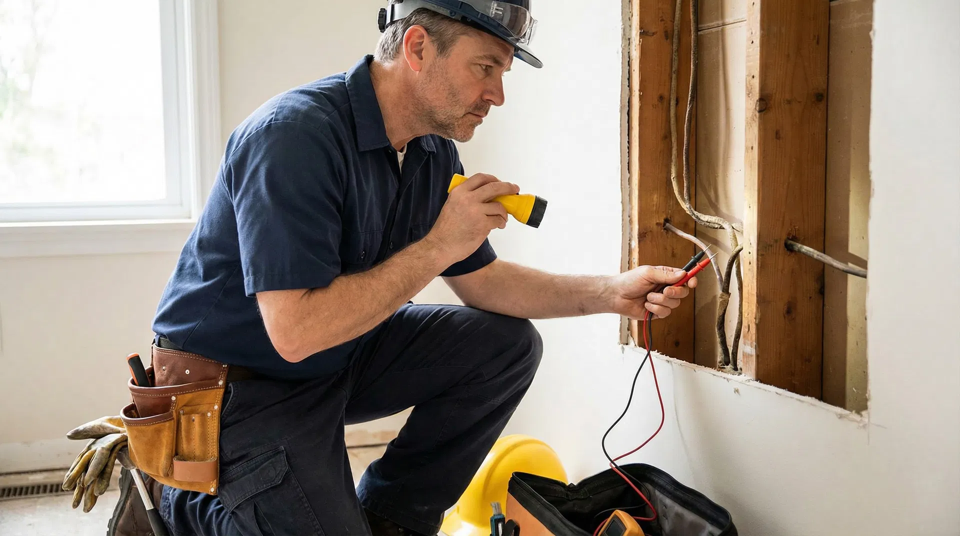 Professional electrician inspecting old wiring during home inspection