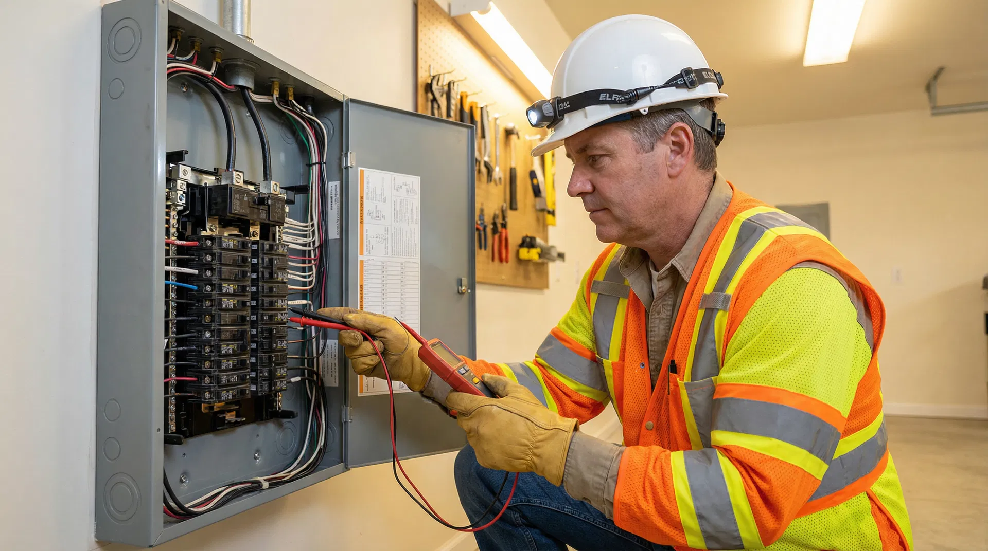 Professional electrician examining circuit breaker panel
