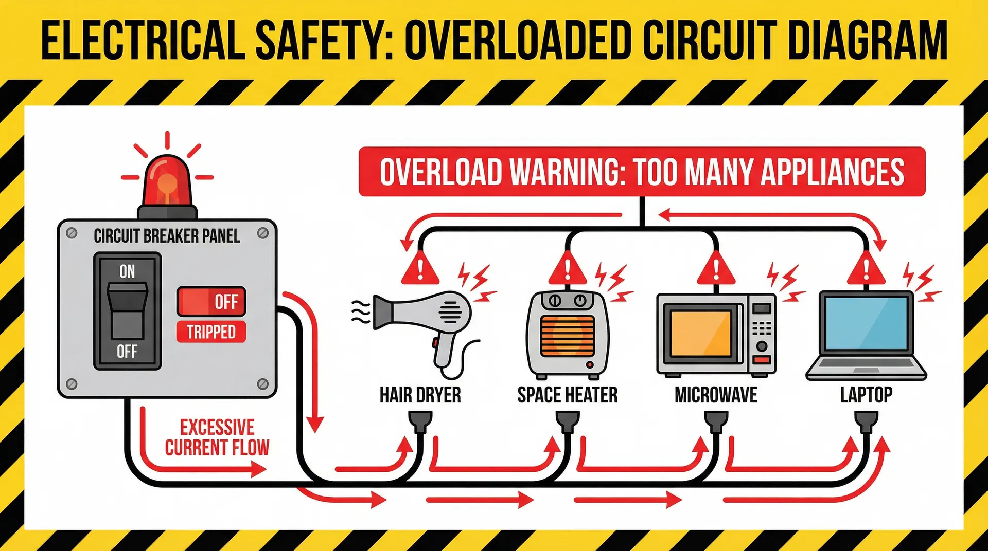 Diagram showing overloaded circuit with multiple appliances