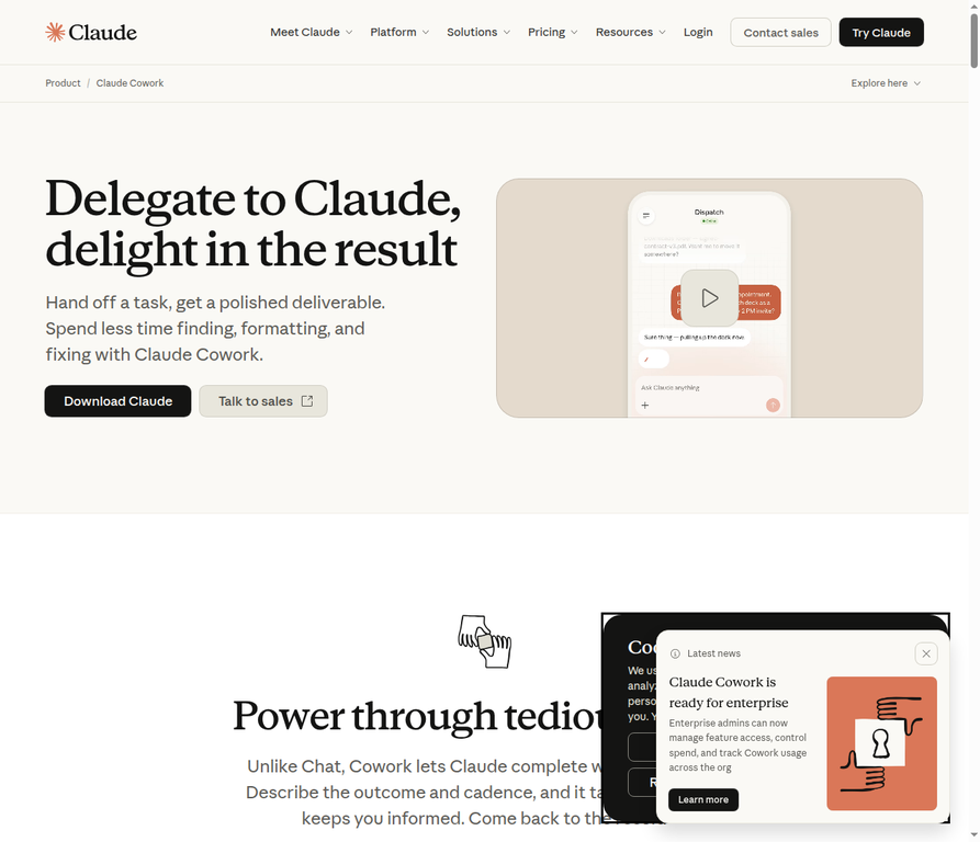 Claude Cowork 公式製品ページ:「Delegate to Claude, delight in the result(Claudeに委任して、結果を楽しもう)」
