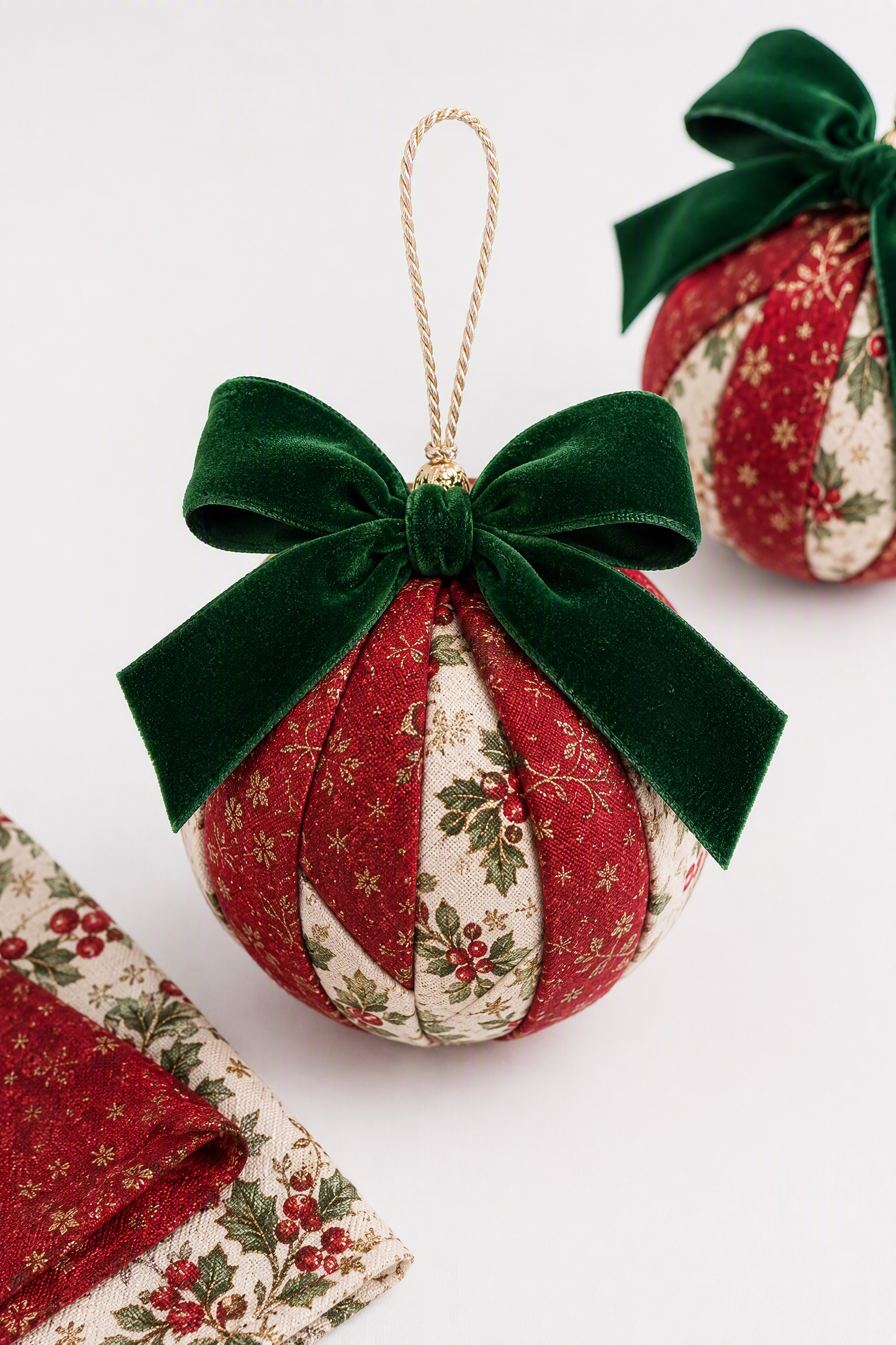 Bolinha de tecido com laço de veludo, ornamento natalino DIY