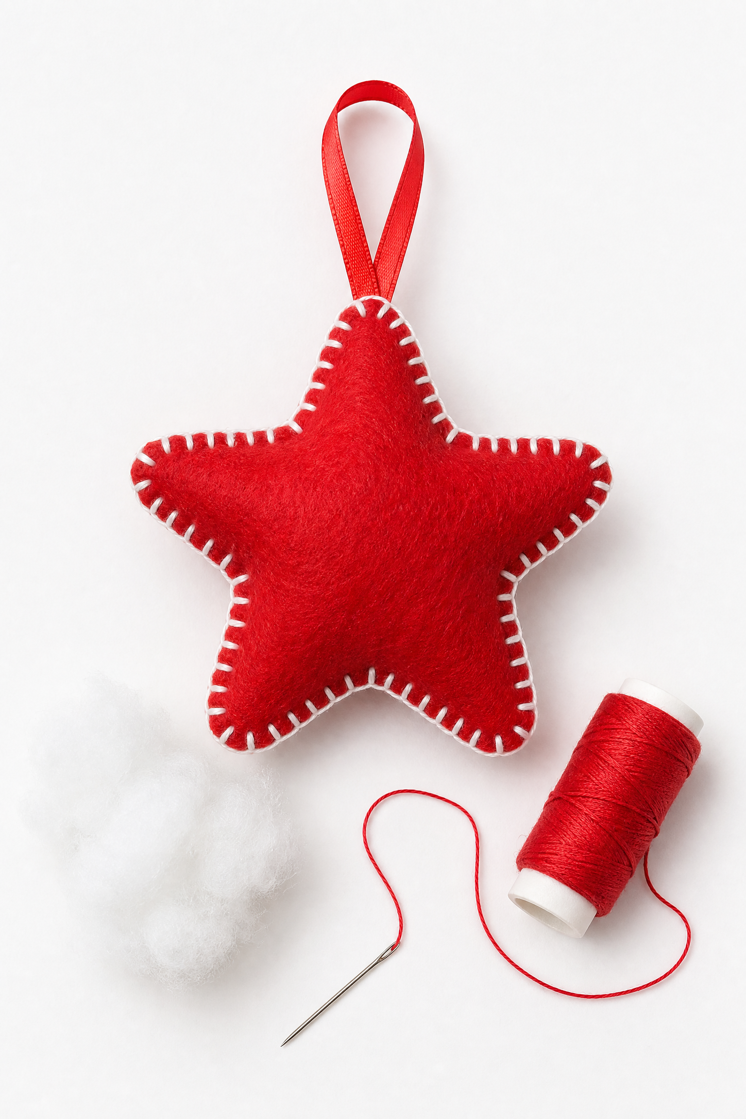 Estrela de feltro vermelha com borda branca, enfeite de Natal artesanal