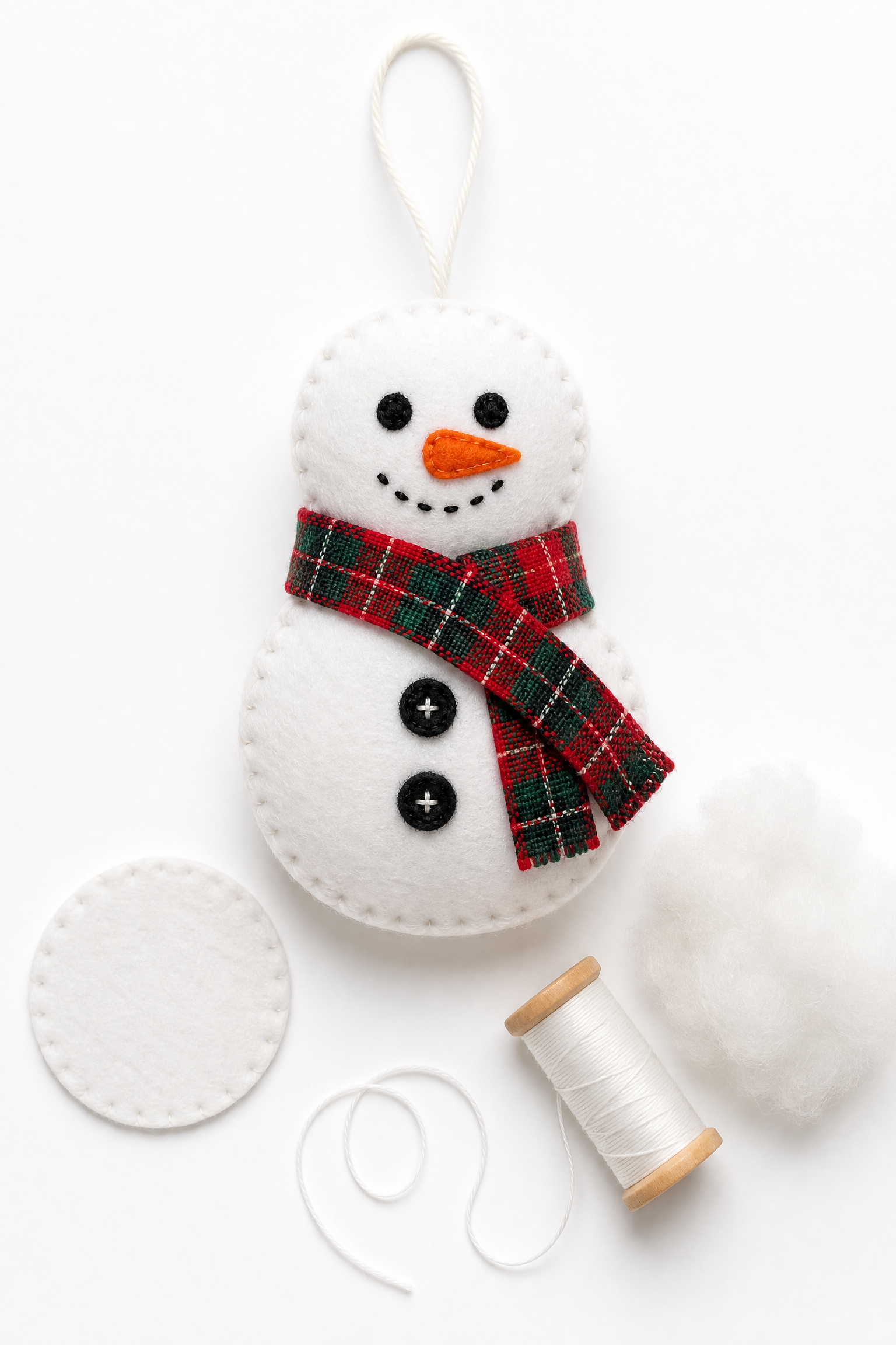 Boneco de neve de feltro com cachecol, ornamento natalino feito à mão
