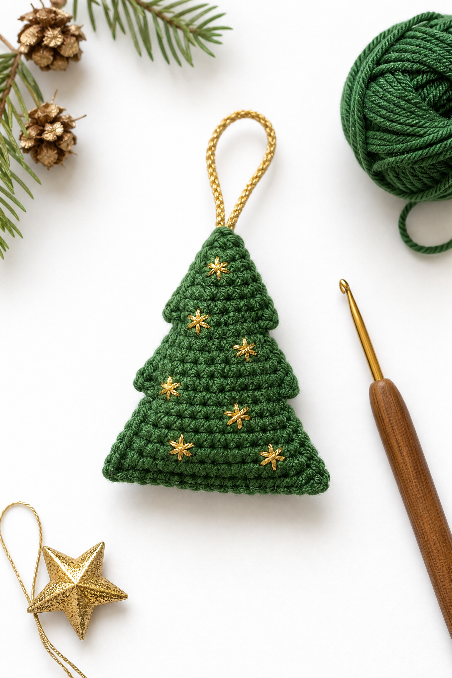 Miniárvore de crochê verde com detalhes dourados, enfeite DIY