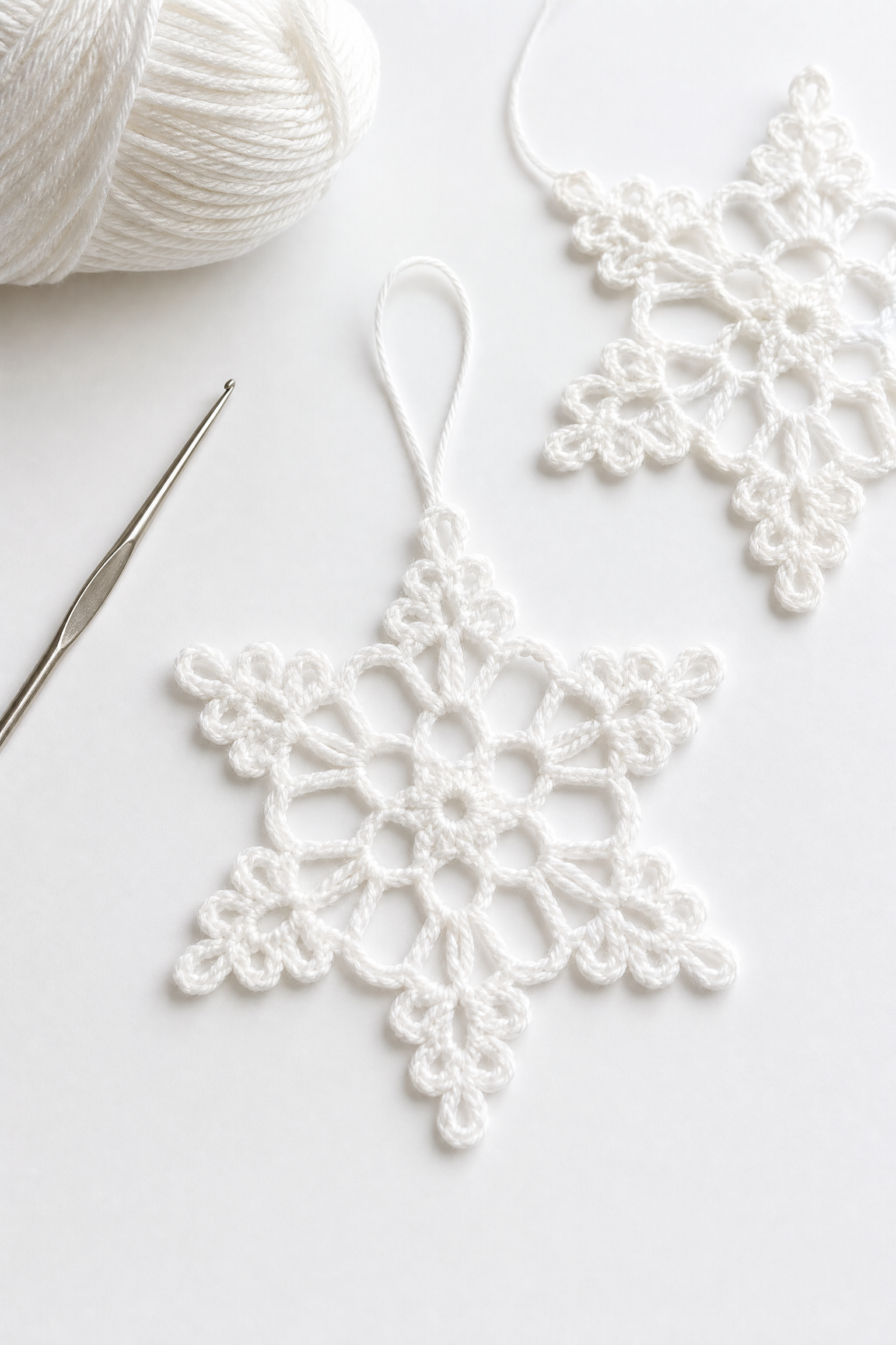 Floco de neve branco de crochê, ornamento delicado para árvore de Natal