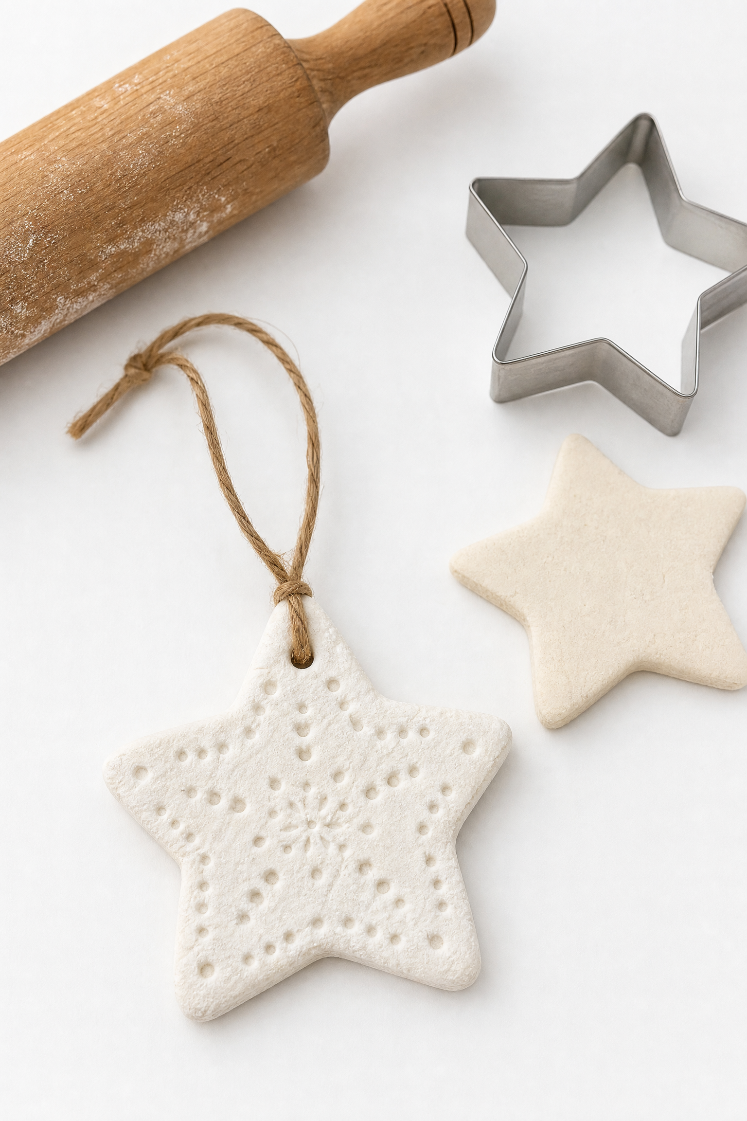 Estrela de massa de sal branca com acabamento rústico, enfeite de Natal
