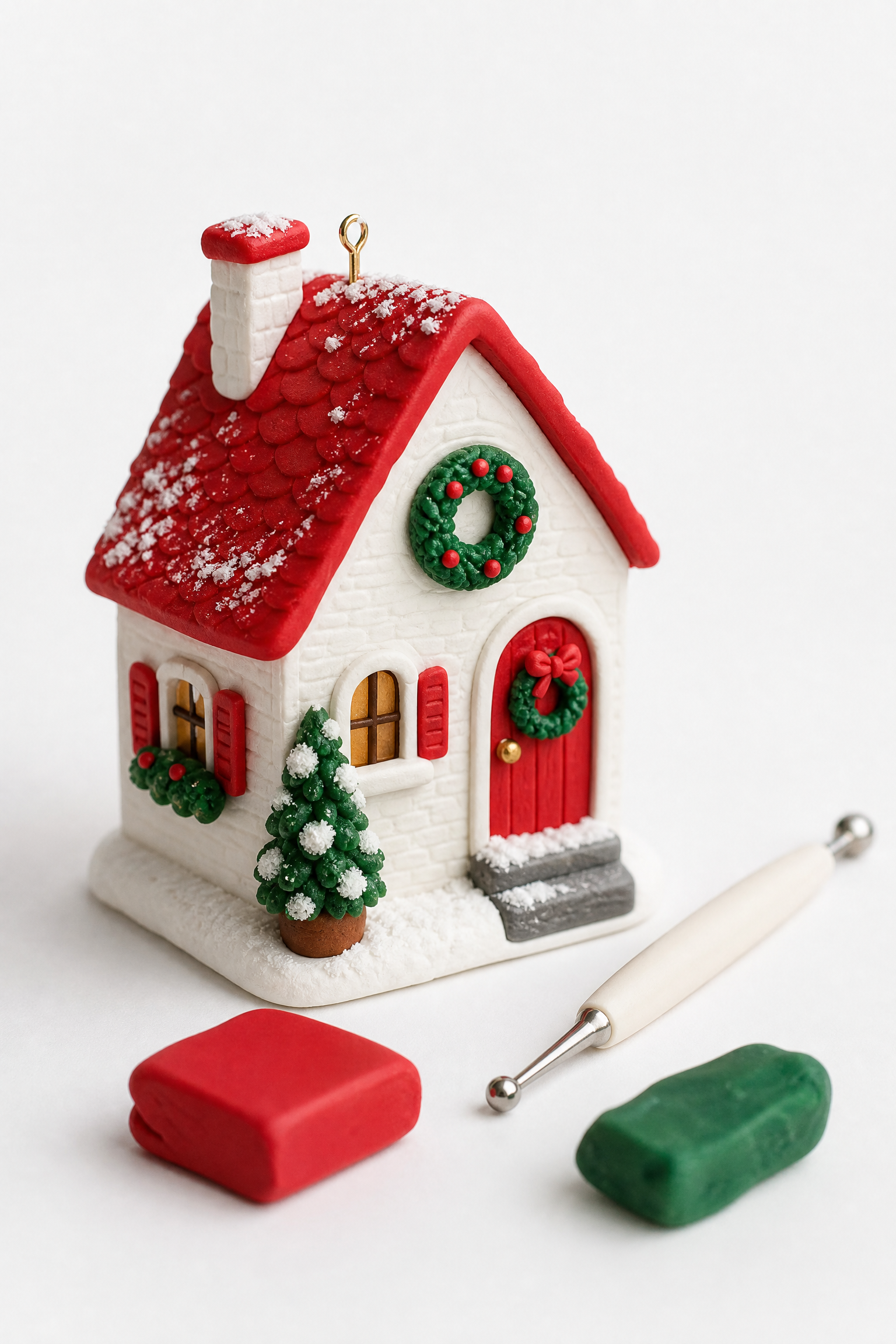 Casinha de biscuit com telhado vermelho e guirlanda, ornamento de Natal